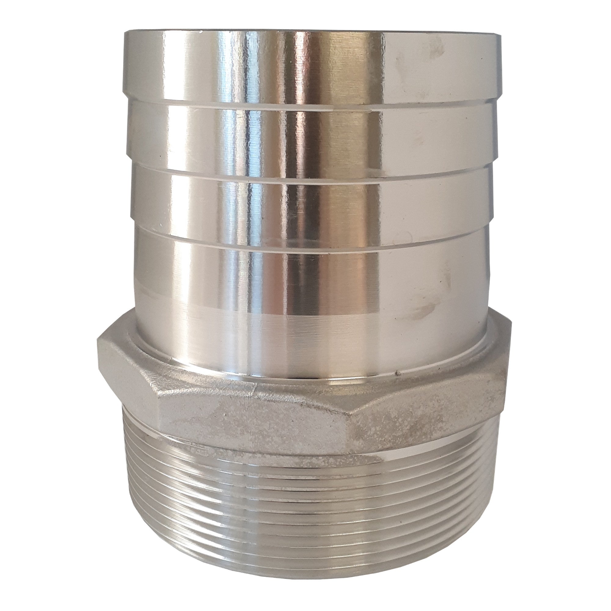 Union Fitting, 304 Stainless Steel Hex Hose Barb Adapter, 3 Inch ID Hose Barb x 3 Inch Male NPT