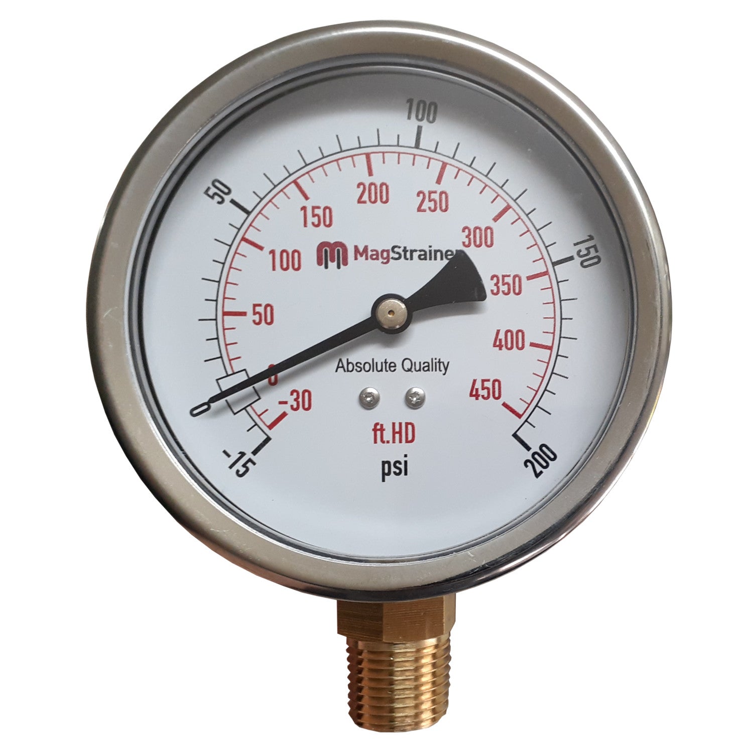 PRM, 4 Inch Compound Gauge, -15 to 200 psi, -30 to 450 ft.HD, 304 Stainless Steel with Brass Internals