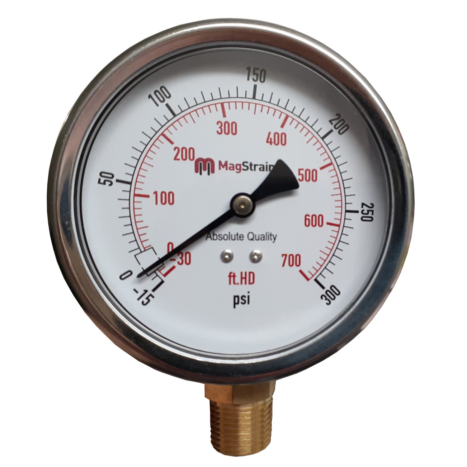 PRM, 4 Inch Compound Gauge, -15 to 300 psi, -30 to 700 ft.HD, 304 Stainless Steel with Brass Internals