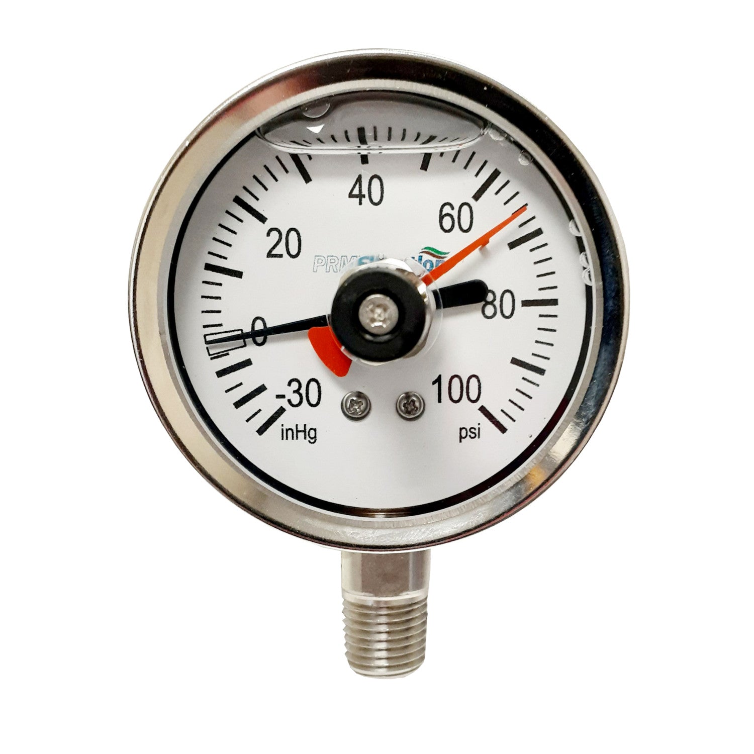 Reotemp, CLOSEOUT! Heavy Duty Repairable 304 Stainless Steel 2.5 Inch Compound Gauge w/ SS Internals, Max Pointer, -30 inHg/0/100 PSI, 1/4 inch NPT Bottom Mount