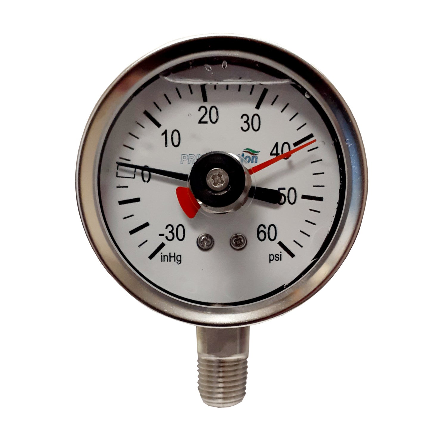 Reotemp, CLOSEOUT! Heavy Duty Repairable 304 Stainless Steel 2.5 Inch Compound Gauge w/ SS Internals, Max Pointer, -30 inHg/0/60 PSI, 1/4 inch NPT Bottom Mount