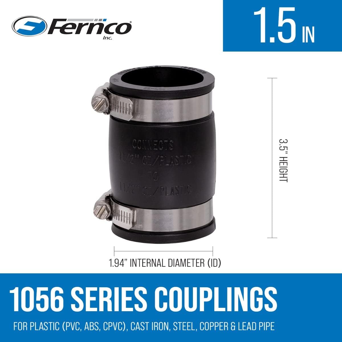 Fernco, Fernco 1056-150 Flexible Coupling, 1-1/2 Inch