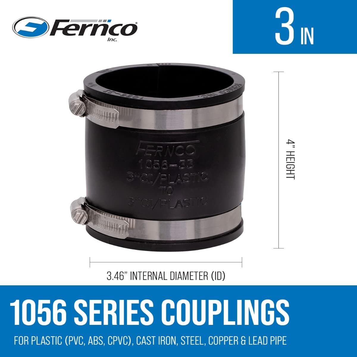 Fernco, Fernco 1056-33 Flexible Coupling, 3 Inch