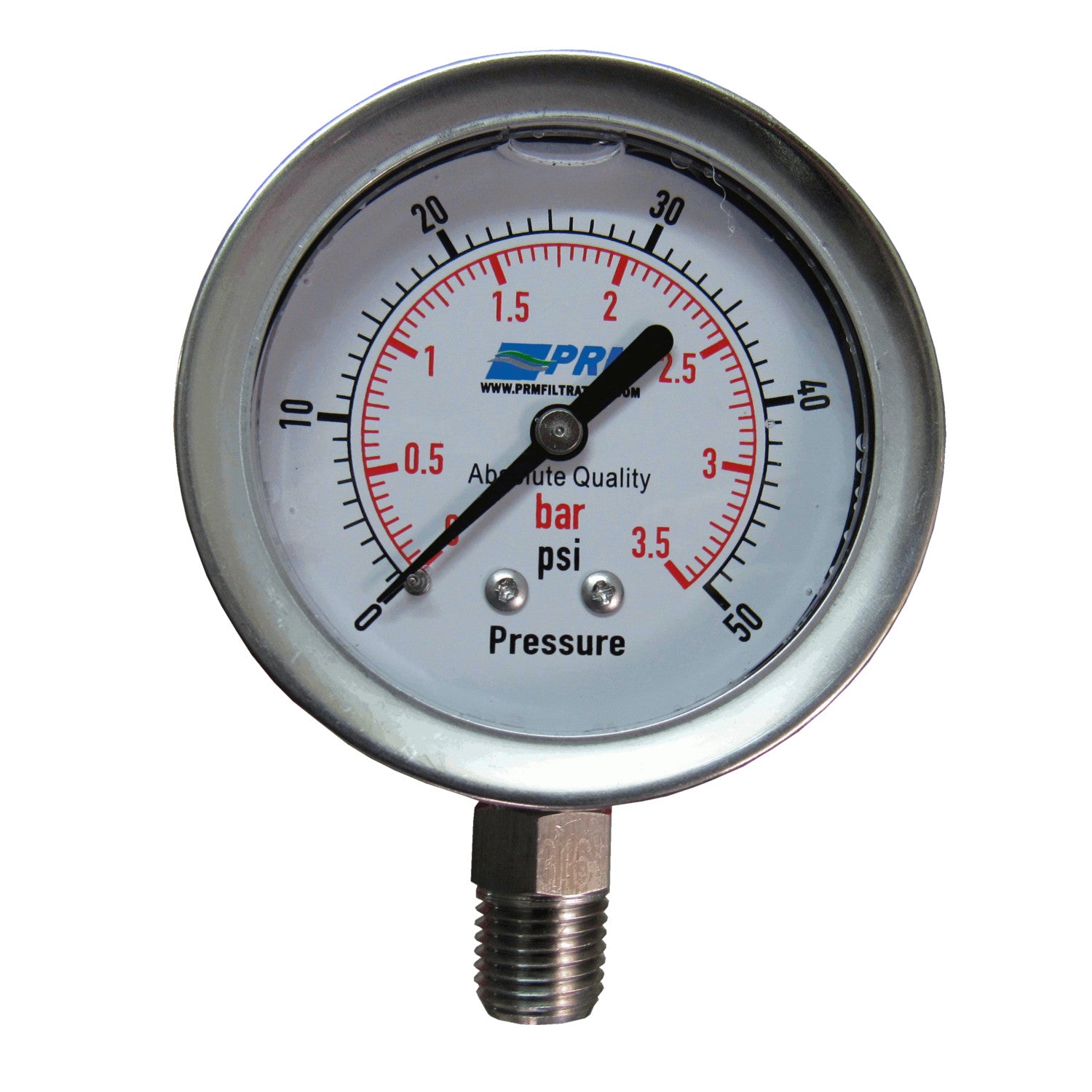 PRM, PRM 304 Stainless Steel Pressure Gauge With Stainless Steel Internals, 0-50 PSI, 2-1/2 Inch Dial, 1/4 Inch NPT Bottom Mount