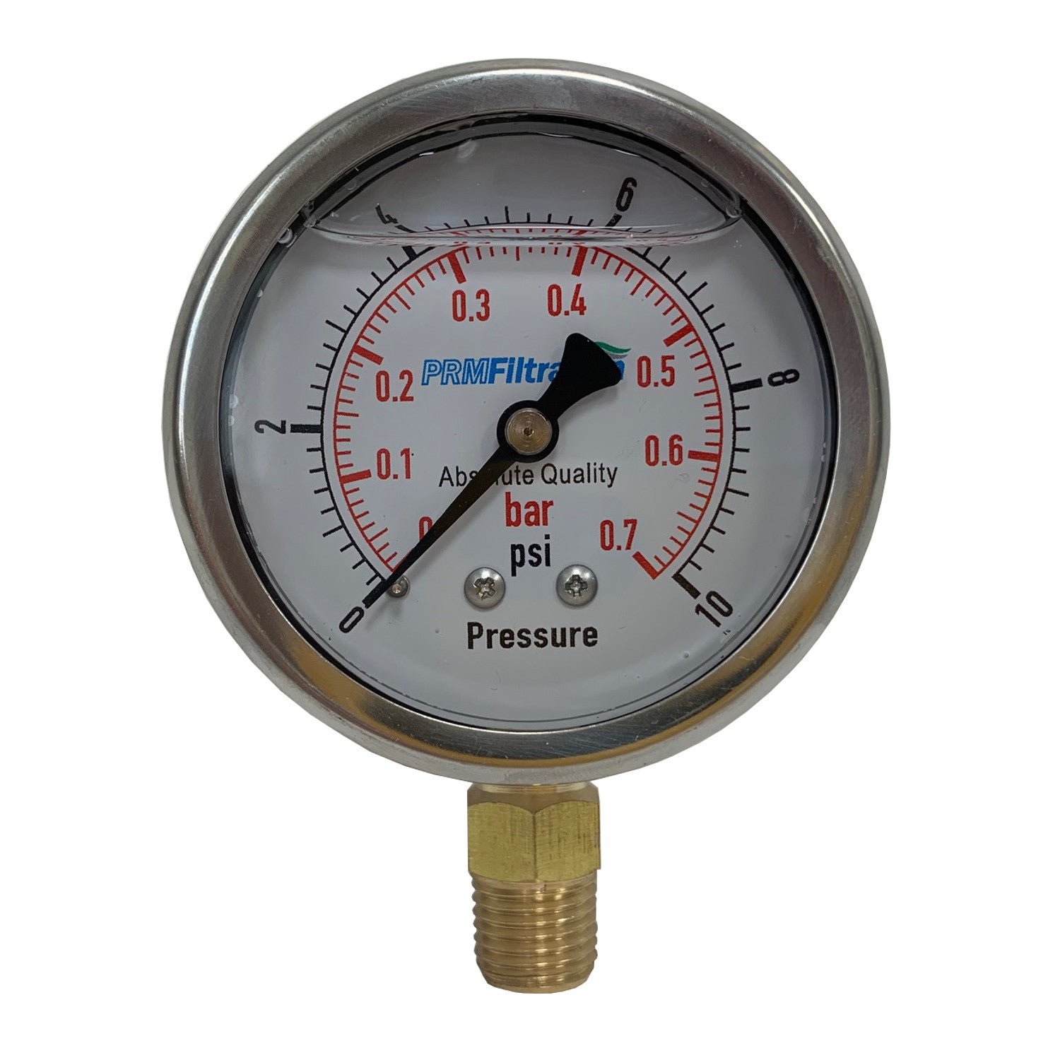 PRM, PRM 304 Stainless Steel Pressure Gauge with Brass Internals, 0-10 PSI, 2-1/2 Inch Dial, 1/4 Inch NPT Bottom Mount