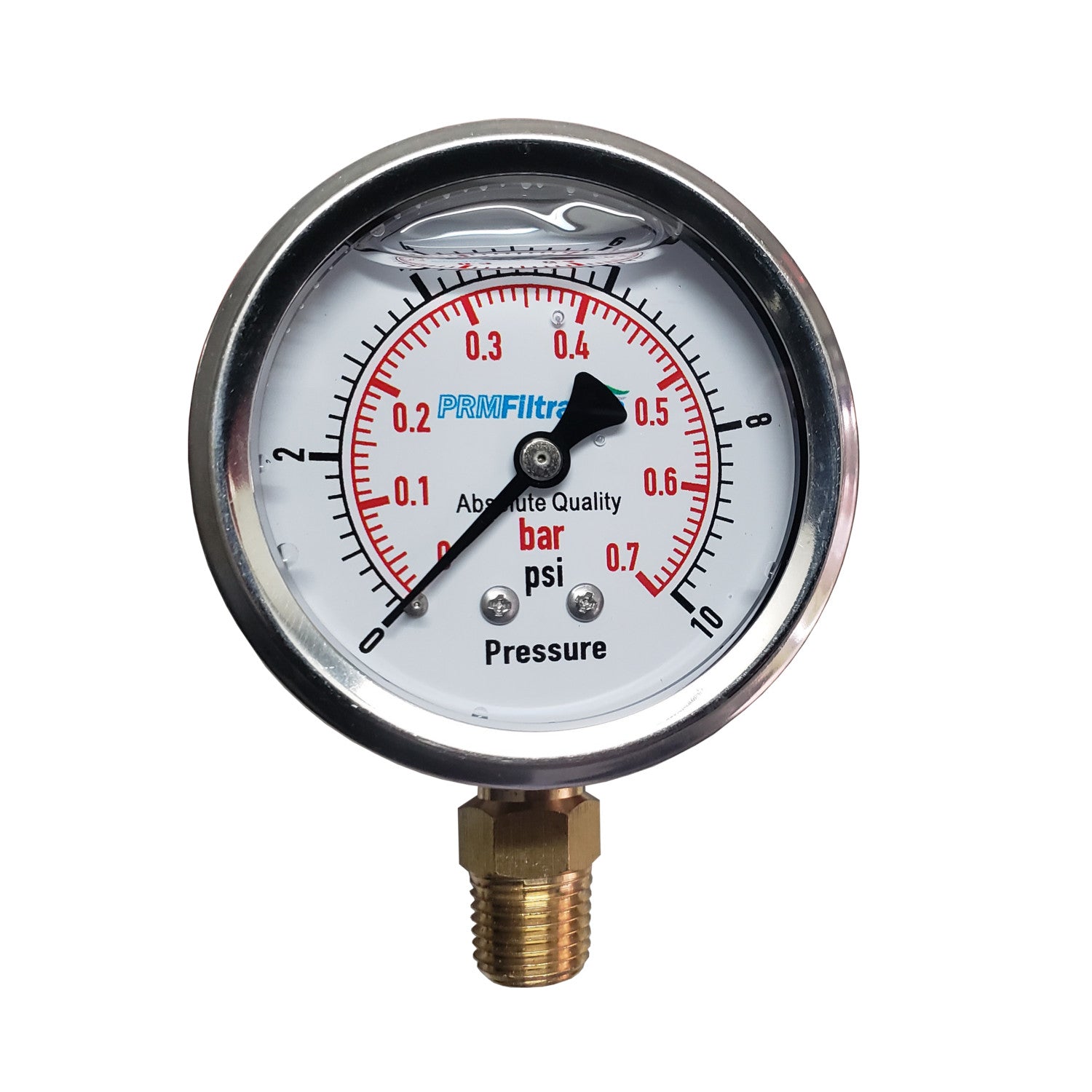 PRM, PRM 304 Stainless Steel Pressure Gauge with Brass Internals, 0-10 PSI, 2-1/2 Inch Dial, 1/4 Inch NPT Bottom Mount