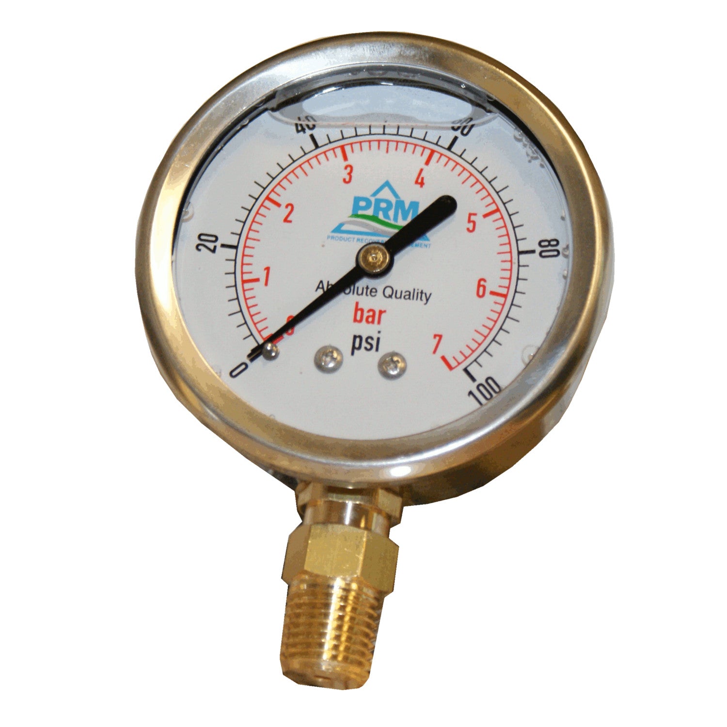 PRM, PRM 304 Stainless Steel Pressure Gauge with Brass Internals, 0-100 PSI, 2-1/2 Inch Dial, 1/4 Inch NPT Bottom Mount