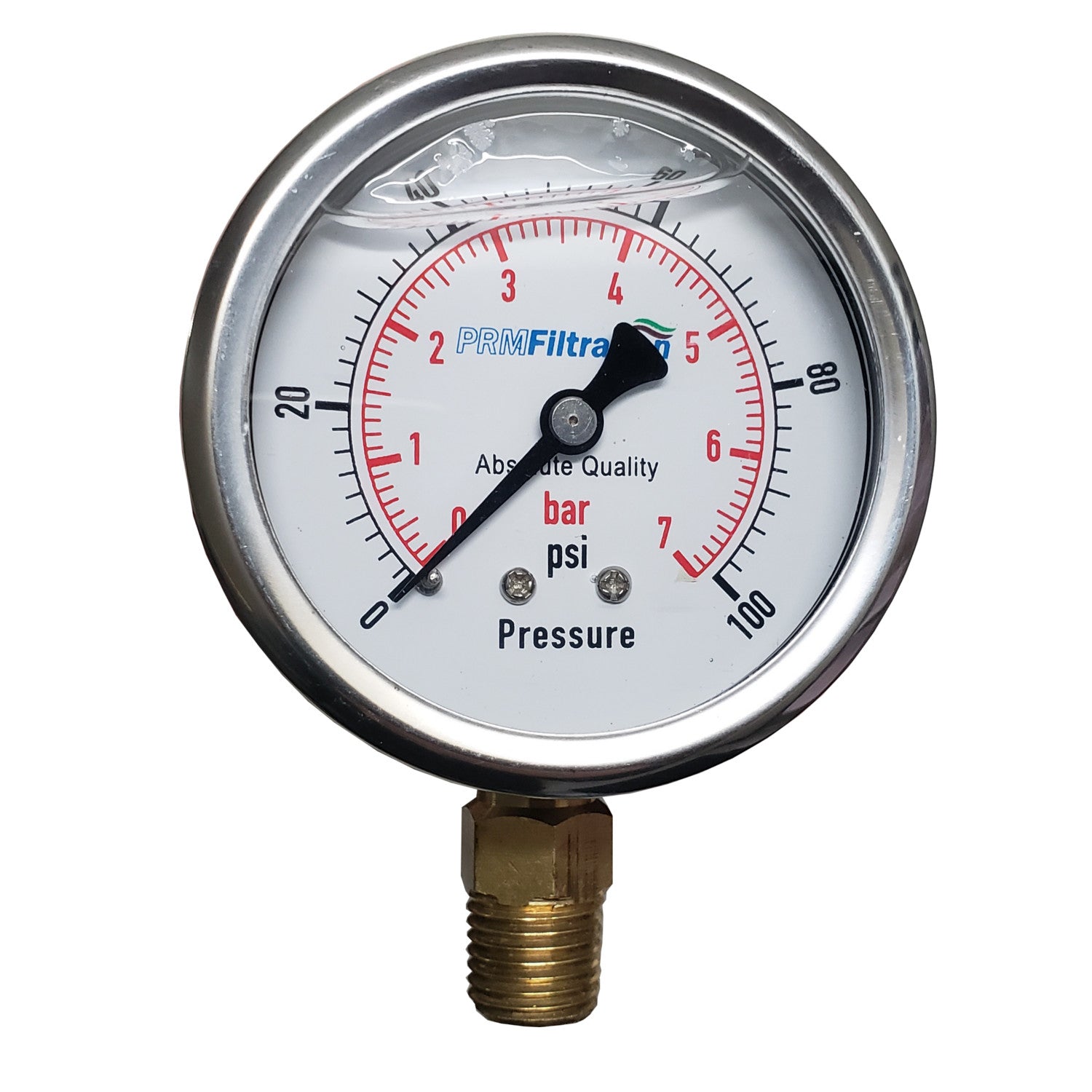 PRM, PRM 304 Stainless Steel Pressure Gauge with Brass Internals, 0-100 PSI, 2-1/2 Inch Dial, 1/4 Inch NPT Bottom Mount