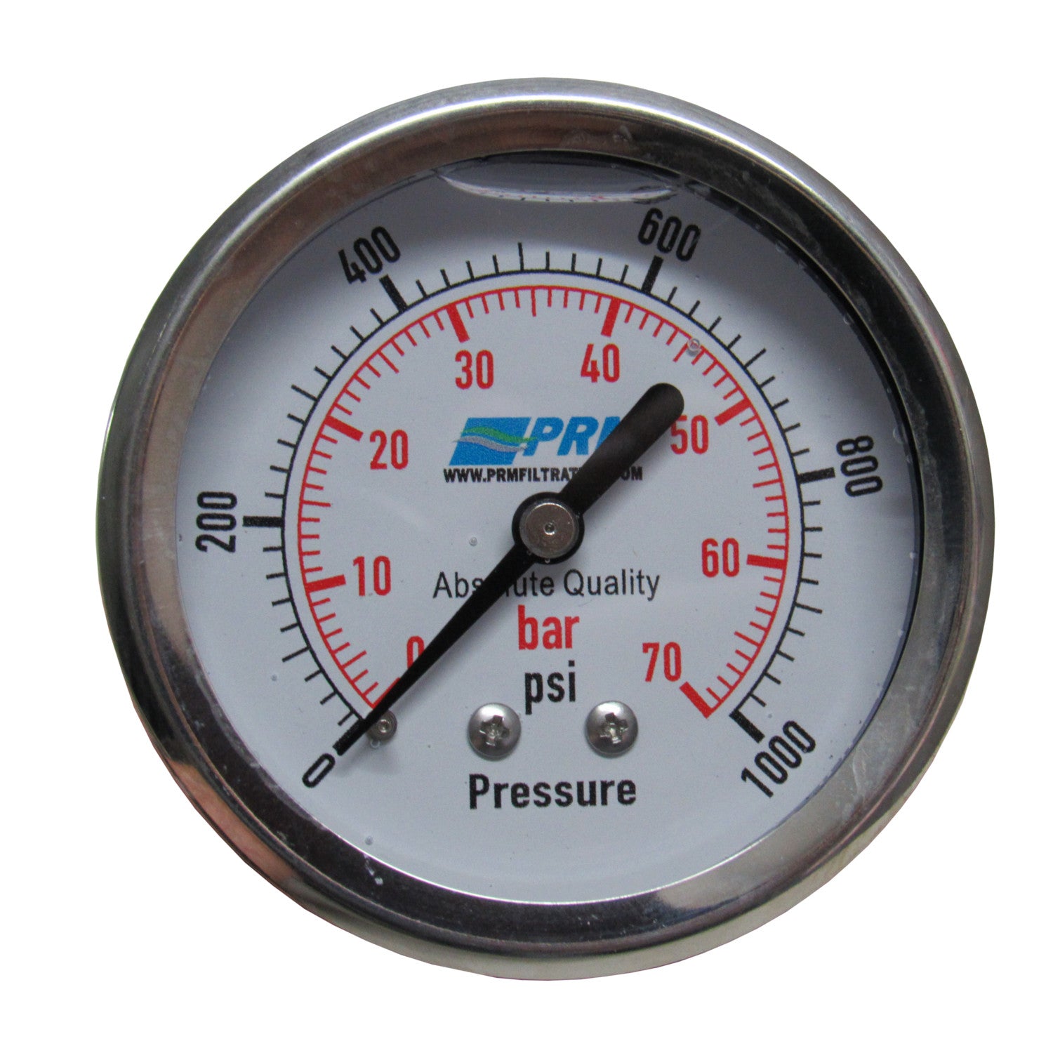 PRM, PRM 304 Stainless Steel Pressure Gauge with Brass Internals, 0-1000 PSI, 2-1/2 Inch Dial, 1/4 Inch NPT Back Mount