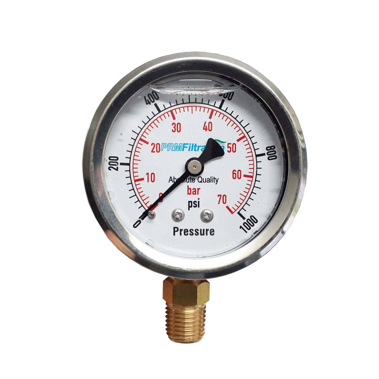 PRM, PRM 304 Stainless Steel Pressure Gauge with Brass Internals, 0-1000 PSI, 2-1/2 Inch Dial, 1/4 Inch NPT Bottom Mount