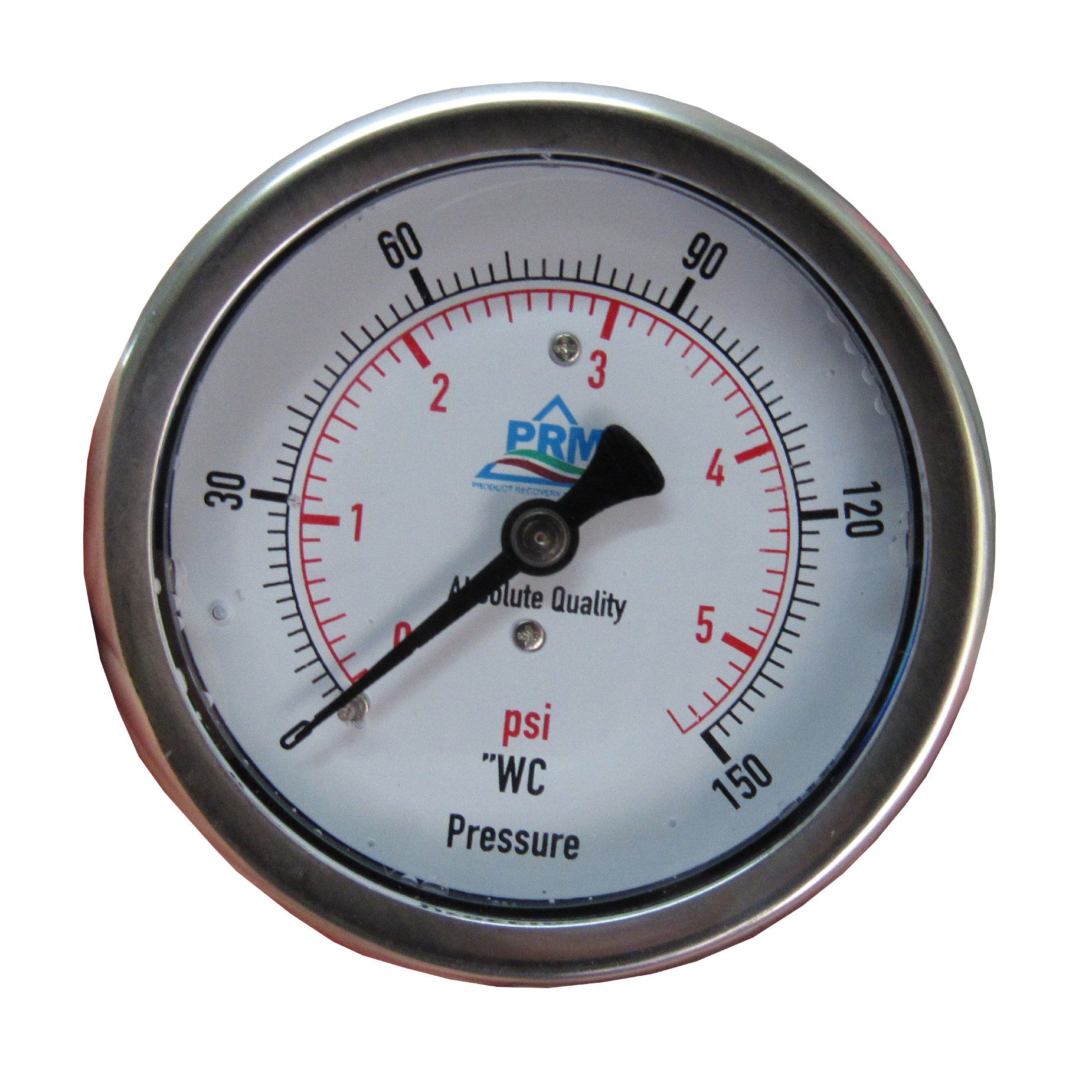 PRM, PRM 304 Stainless Steel Pressure Gauge with Brass Internals, 0-150"WC, 2-1/2 Inch Dial, 1/4" NPT Back Mount