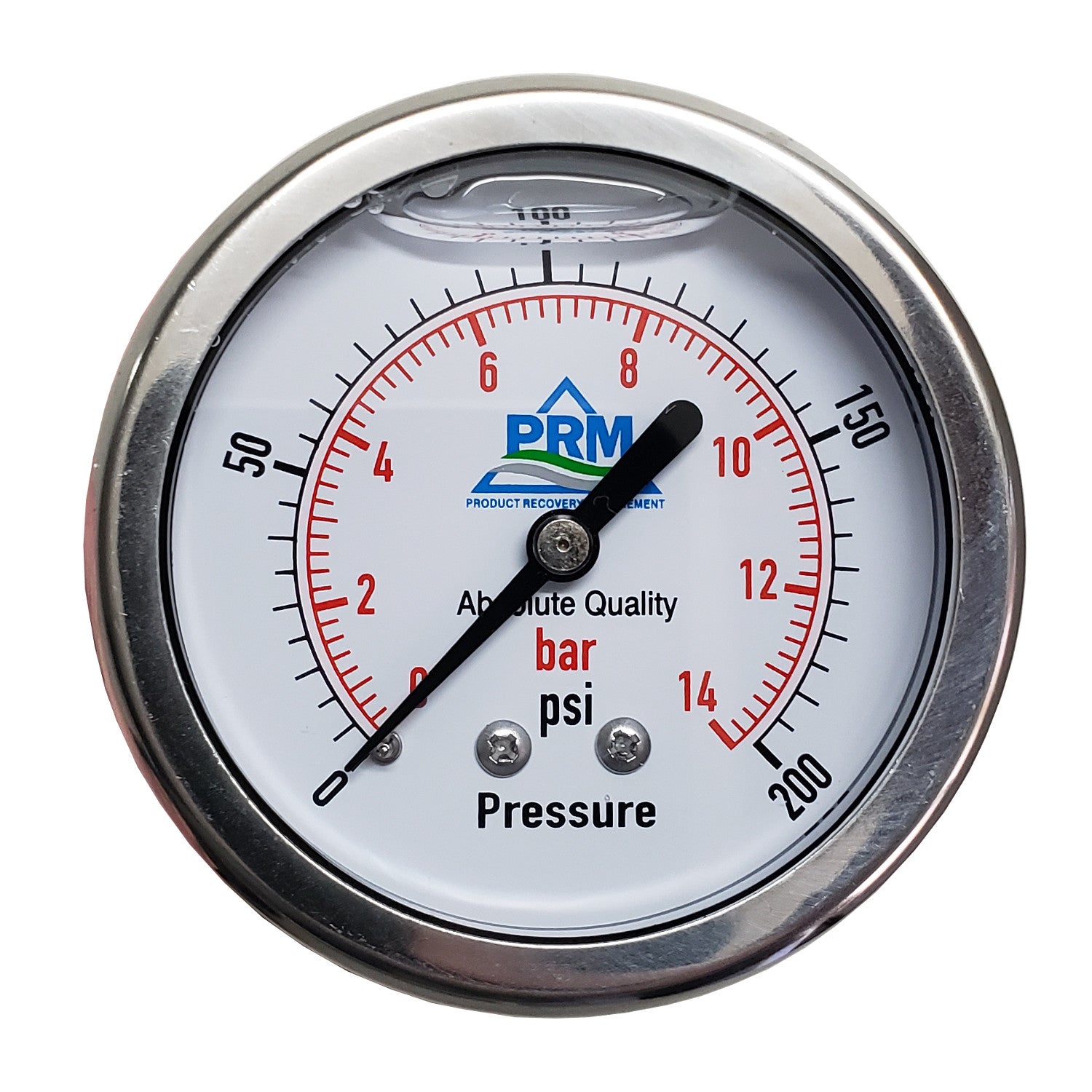 PRM, PRM 304 Stainless Steel Pressure Gauge with Brass Internals, 0-200 PSI, 2-1/2 Inch Dial, 1/4 Inch NPT Back Mount