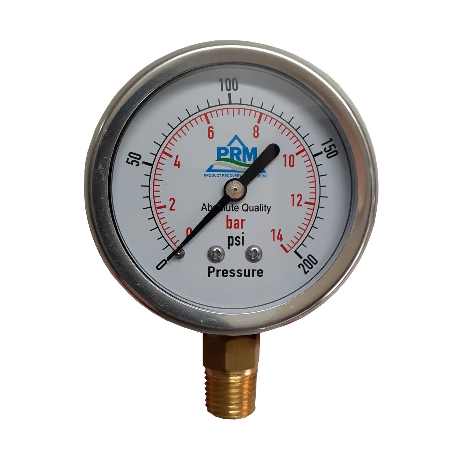 PRM, PRM 304 Stainless Steel Pressure Gauge with Brass Internals, 0-200 PSI, 2-1/2 Inch Dial, 1/4 Inch NPT Bottom Mount