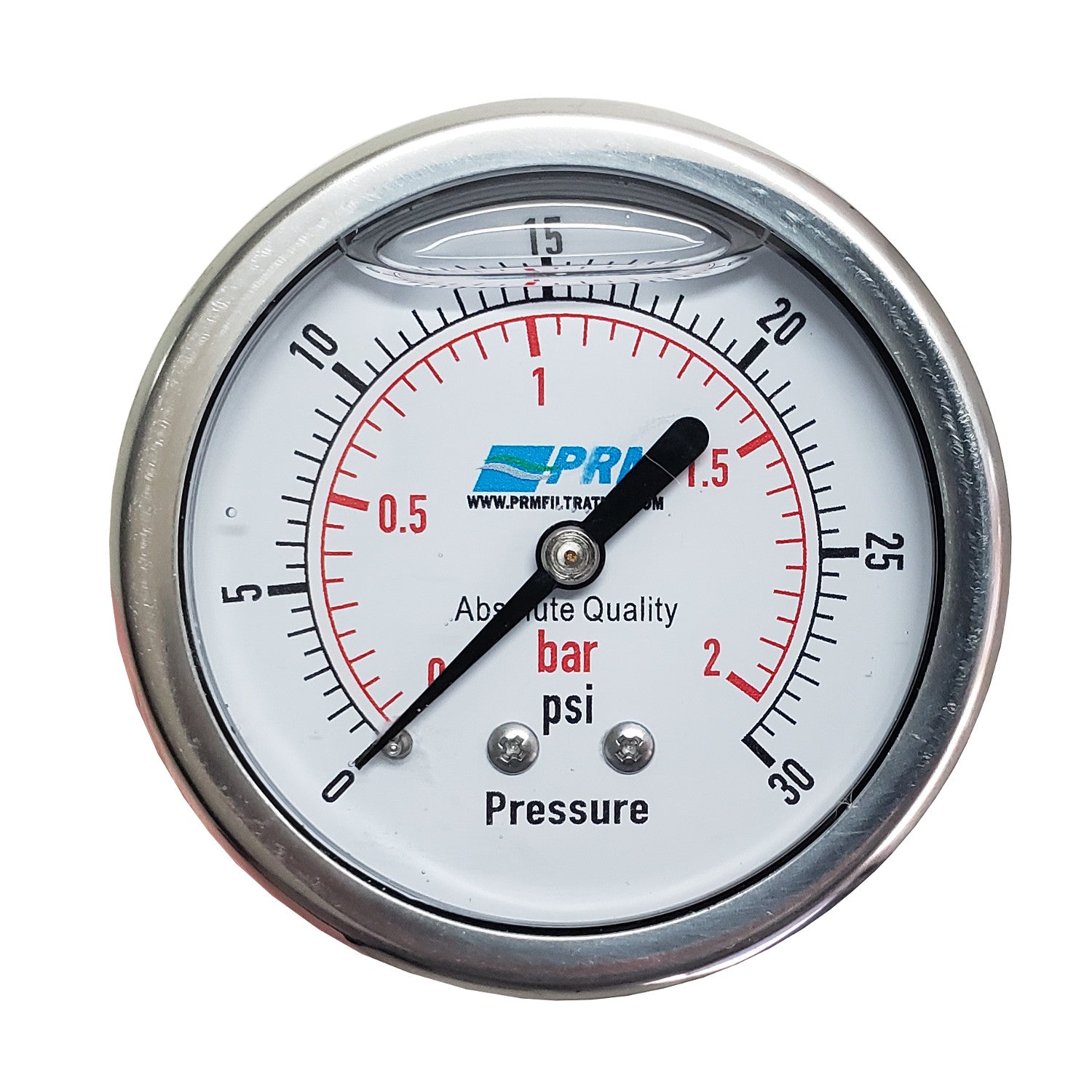 PRM, PRM 304 Stainless Steel Pressure Gauge with Brass Internals, 0-30 PSI, 2-1/2 Inch Dial, 1/4 Inch NPT Back Mount