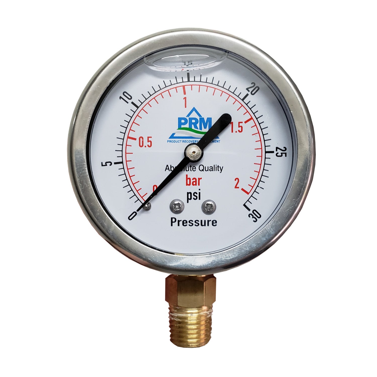 PRM, PRM 304 Stainless Steel Pressure Gauge with Brass Internals, 0-30 PSI, 2-1/2 Inch Dial, 1/4 Inch NPT Bottom Mount