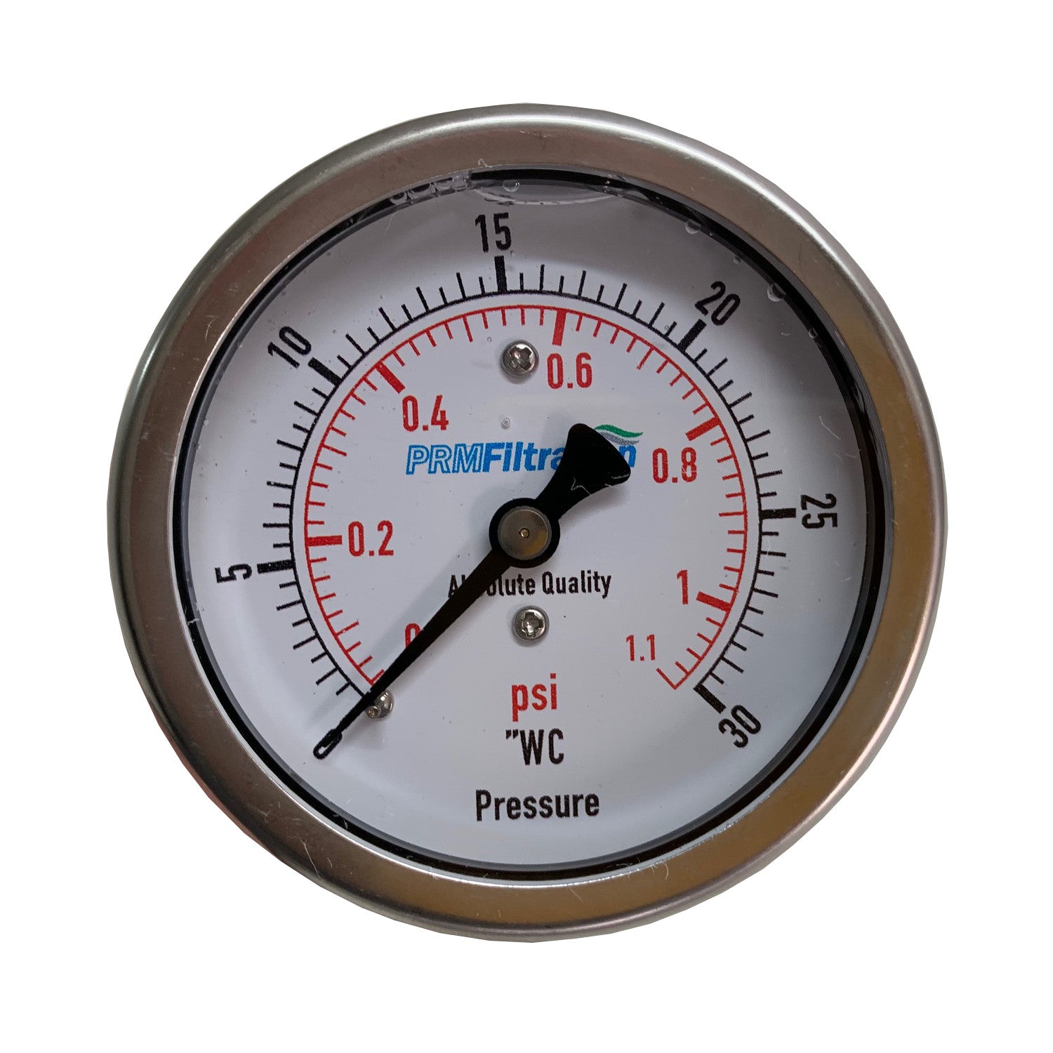 PRM, PRM 304 Stainless Steel Pressure Gauge with Brass Internals, 0-30"WC, 2-1/2 Inch Dial, 1/4 Inch NPT Back Mount