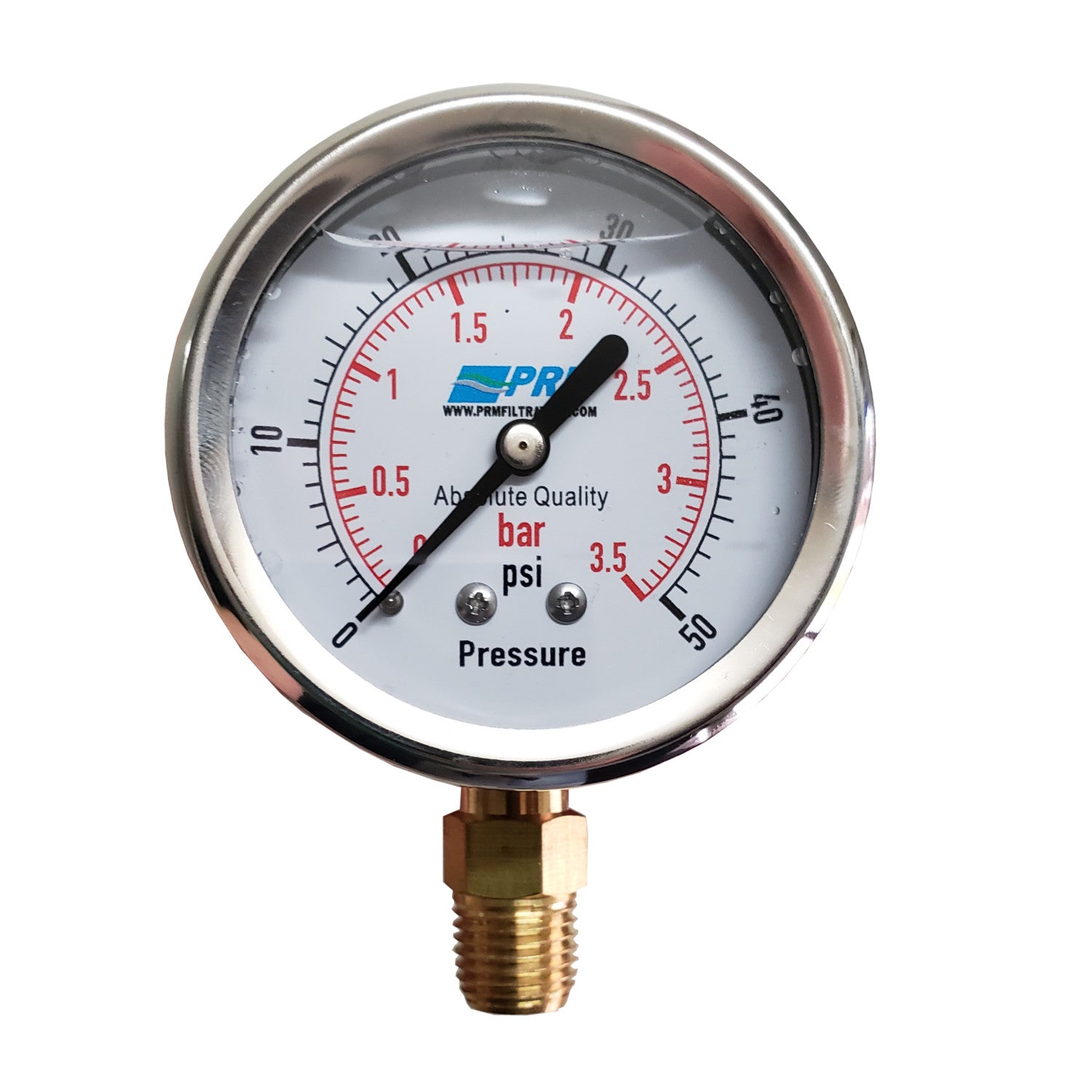 PRM, PRM 304 Stainless Steel Pressure Gauge with Brass Internals, 0-50 PSI, 2-1/2 Inch Dial, 1/4 Inch NPT Bottom Mount