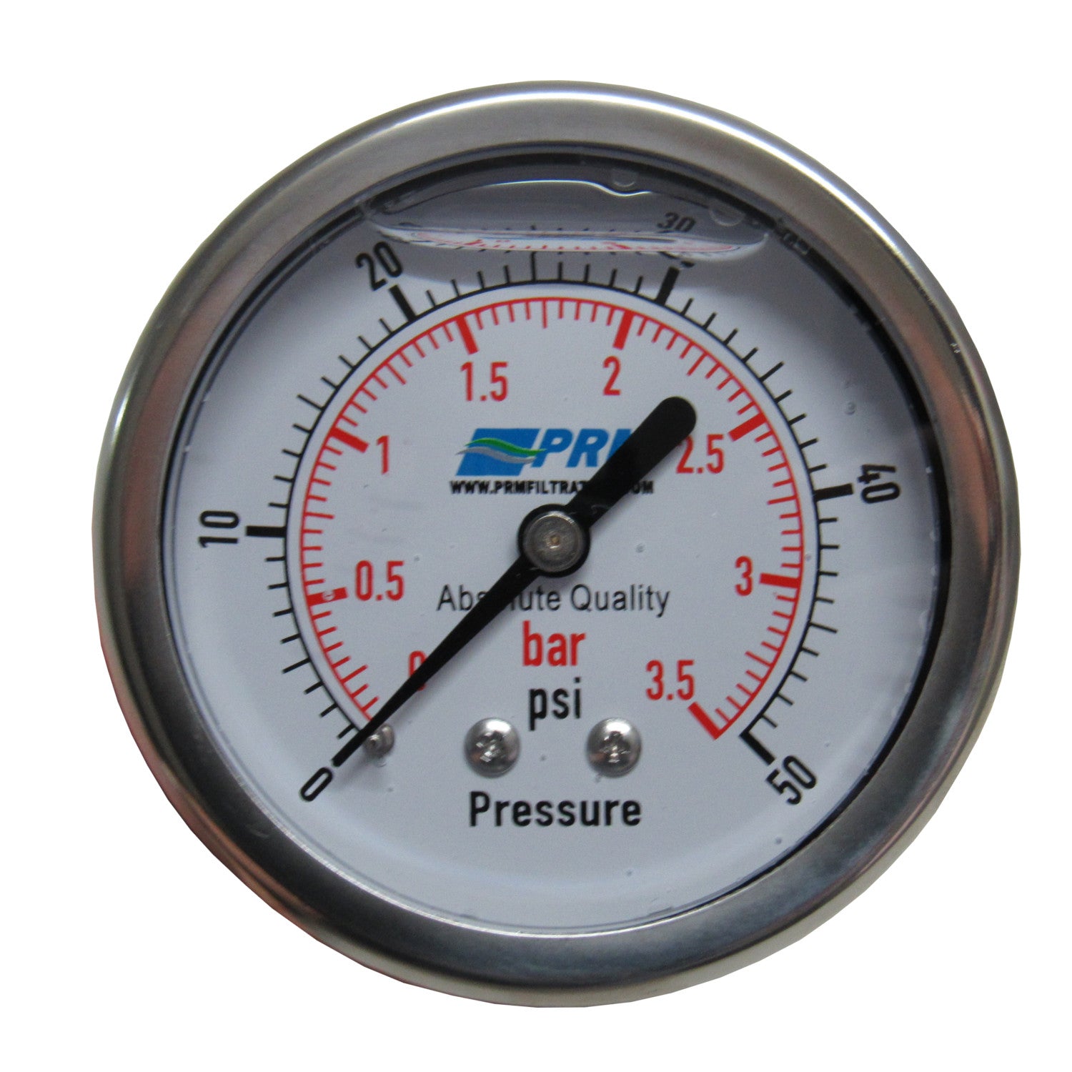 PRM, PRM 304 Stainless Steel Pressure Gauge with Brass Internals, 0-50 PSI, 2-1/2 Inch Dial, 1/4 inch NPT Back Mount