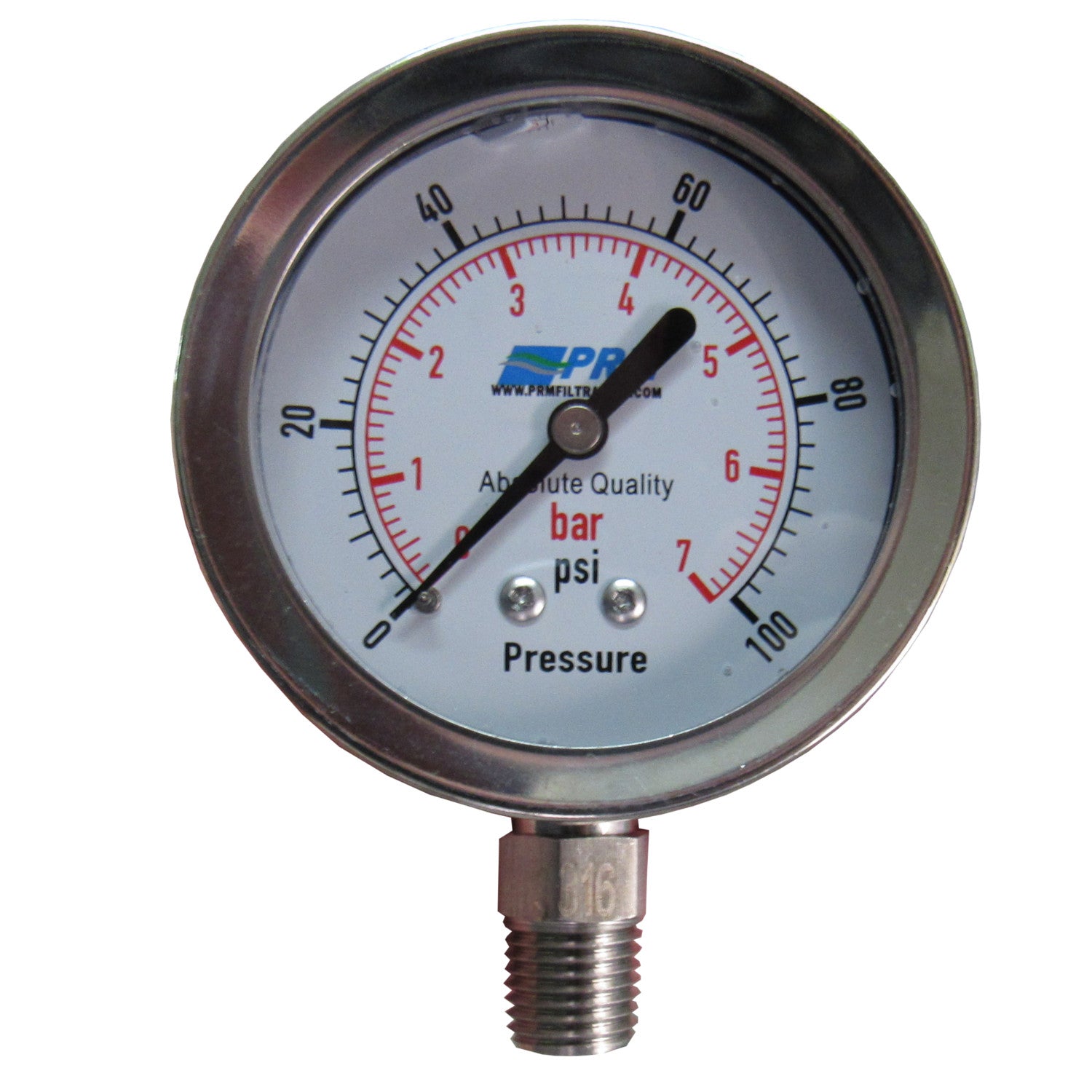 PRM, PRM 304 Stainless Steel Pressure Gauge with Stainless Steel Internals, 0-100 PSI, 2-1/2 Inch Dial, 1/4 Inch NPT Bottom Mount