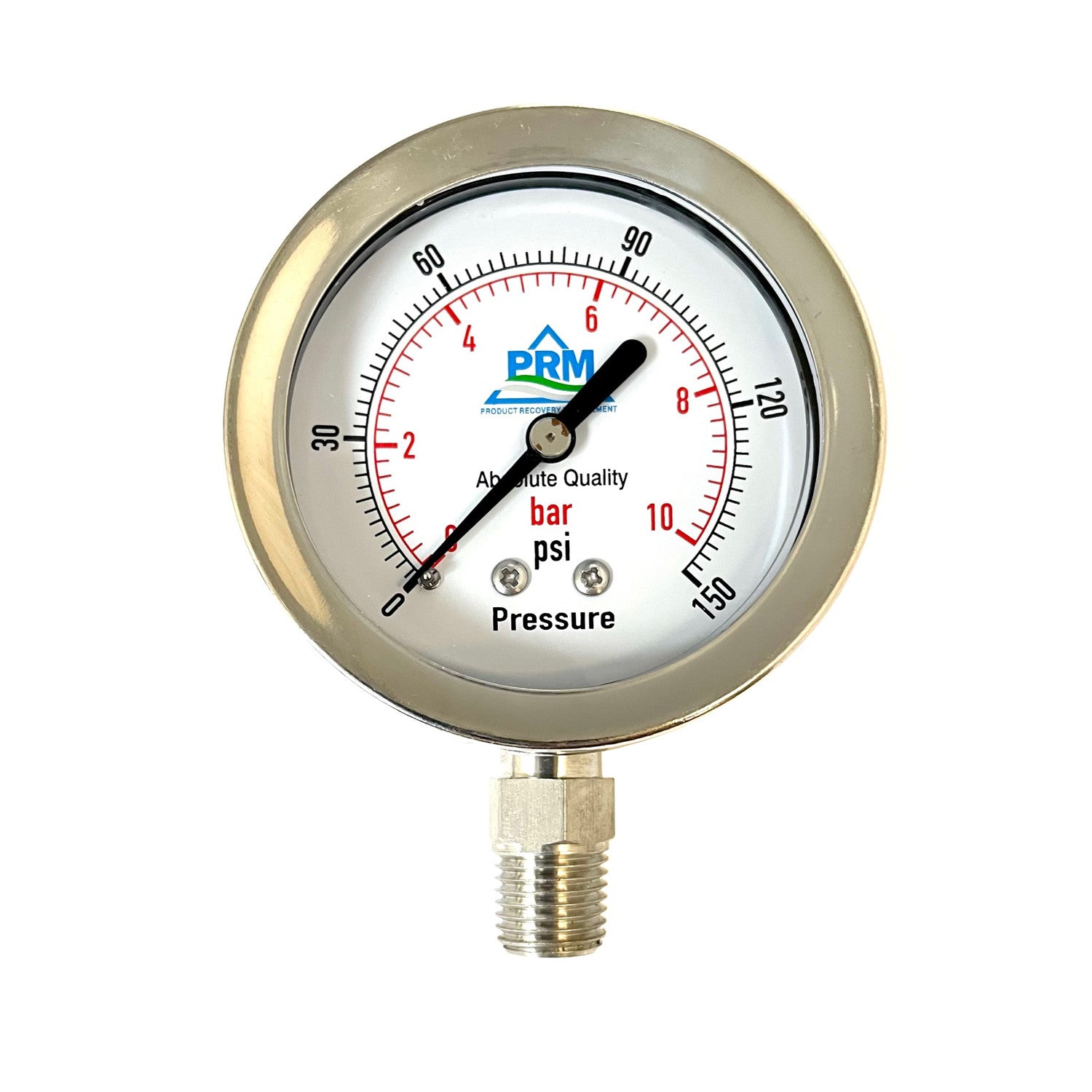 PRM, PRM 304 Stainless Steel Pressure Gauge with Stainless Steel Internals, 0-150 PSI, 2-1/2 Inch Dial, 1/4 Inch NPT Bottom Mount