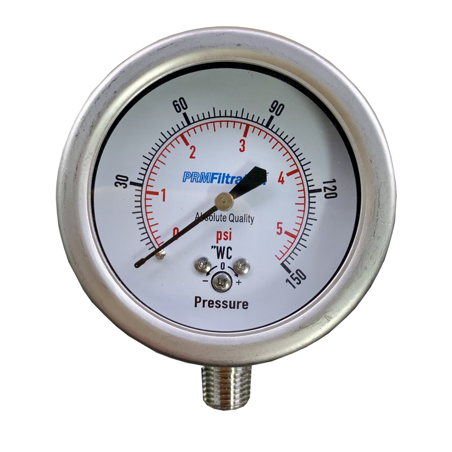 PRM, PRM 304 Stainless Steel Pressure Gauge with Stainless Steel Internals, 0-150"WC/0-5 PSI, 2-1/2 Inch Dial, Dry Gauge, 1/4 Inch NPT Bottom Mount