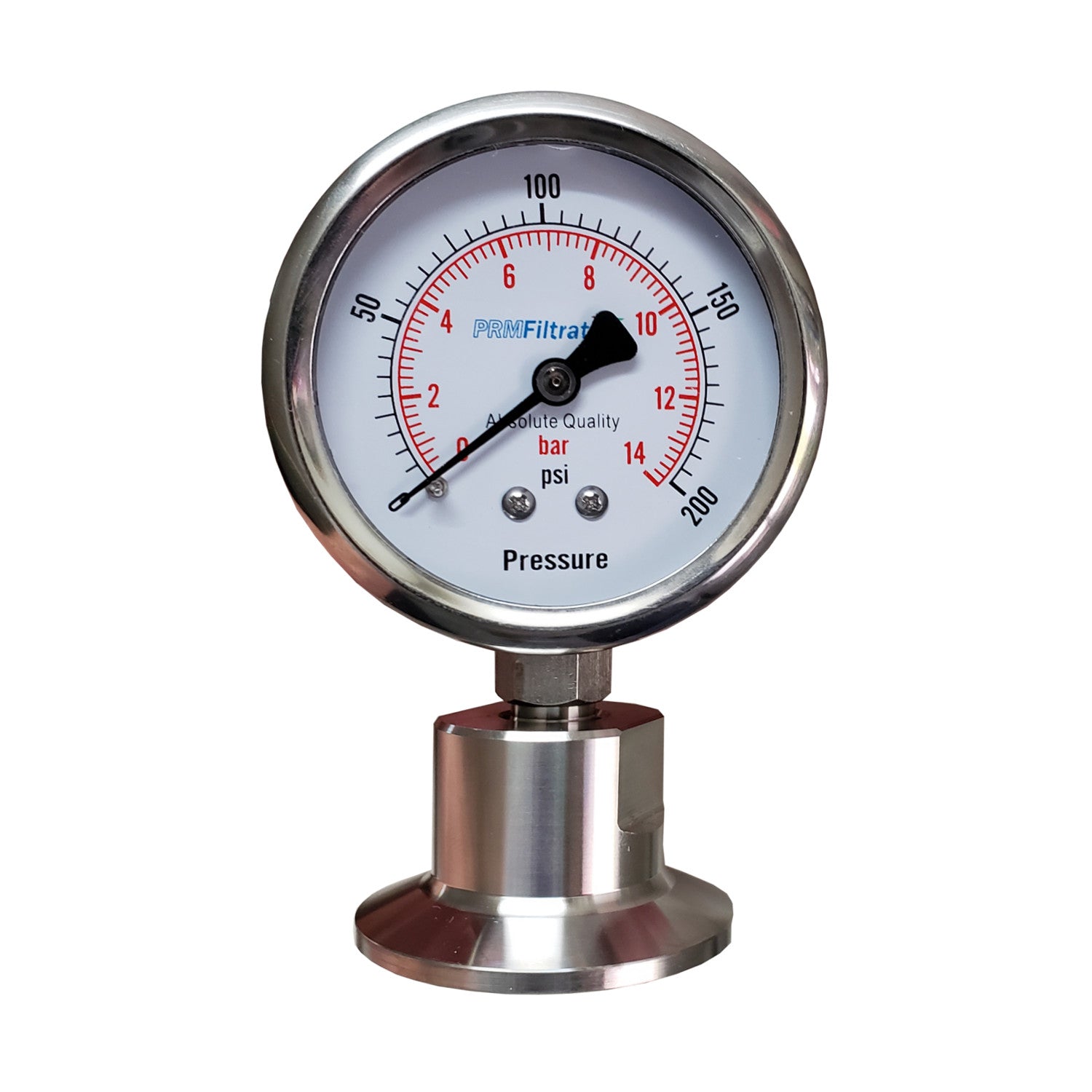 PRM, PRM 304 Stainless Steel Pressure Gauge with Stainless Steel Internals, 0-200 PSI/0-14 BAR, 2-1/2 Inch Dial, Bottom Sanitary Tri-Clamp Connection