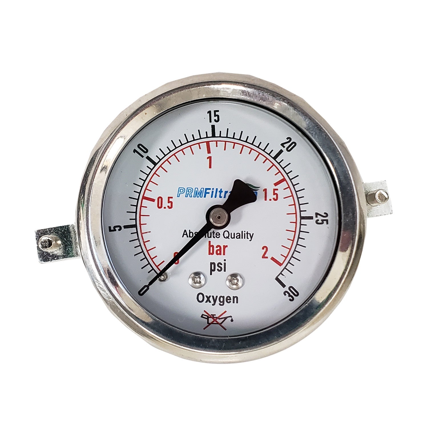 PRM, PRM 304 Stainless Steel Pressure Gauge with Stainless Steel Internals, 0-30 PSI/0-2 BAR, 2-1/2 Inch Dial, Dry Gauge for Oxygen Use, Includes Mounting Hardware