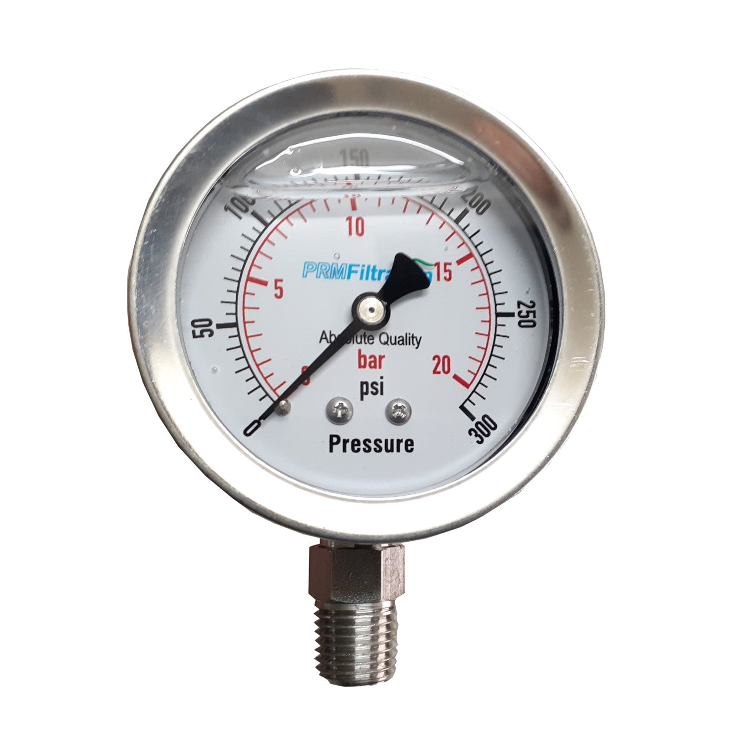 PRM, PRM 304 Stainless Steel Pressure Gauge with Stainless Steel Internals, 0-300 PSI, 2-1/2 Inch Dial, 1/4 Inch NPT Bottom Mount