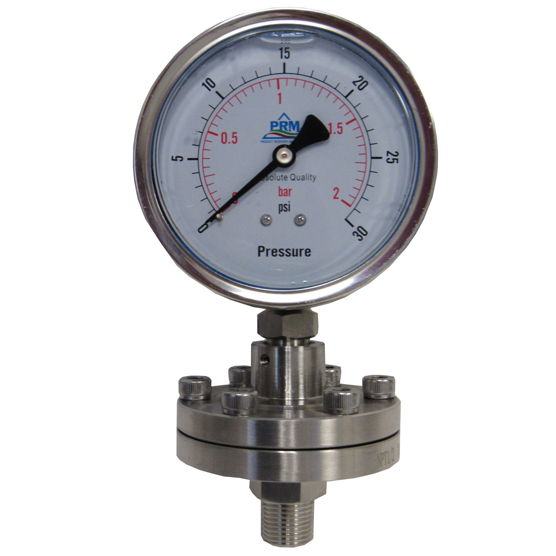 PRM, PRM 304 Stainless Steel Pressure Gauge with Stainless Steel Internals and Diaphragm Protector, 0-30 PSI, 4 Inch Dial, 1/2 Inch NPT Bottom Mount