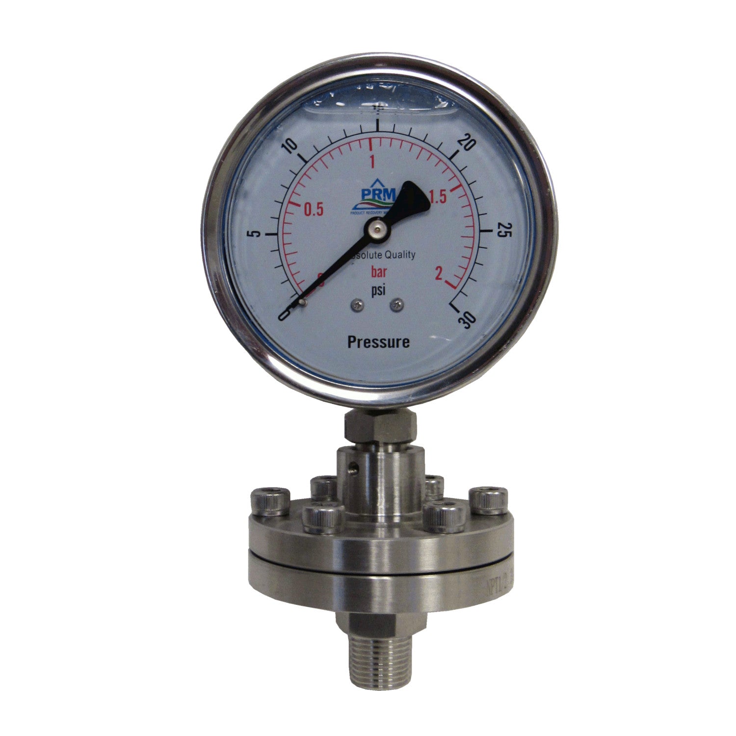 PRM, PRM 304 Stainless Steel Pressure Gauge with Stainless Steel Internals and Diaphragm Protector, 0-30 PSI, 4 Inch Dial, 1/2 Inch NPT Bottom Mount