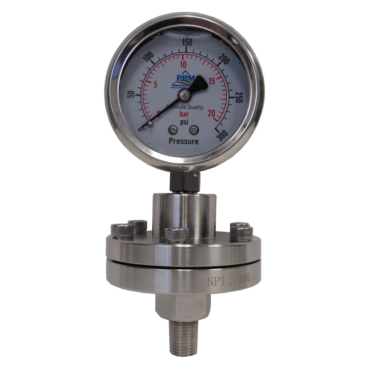 PRM, PRM 304 Stainless Steel Pressure Gauge with Stainless Steel Internals and Diaphragm Protector, 0-300 PSI, 2-1/2 Inch Dial, 1/4 Inch NPT Bottom Mount