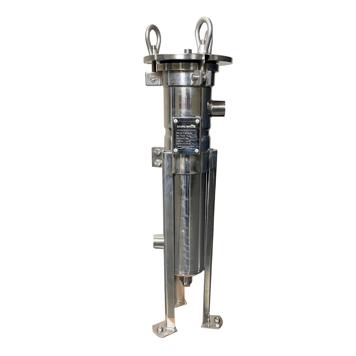 Product Recovery Management, Inc., PRM #4 304 Stainless Steel Bag Filter Housing, NPT Inlet, Side and Bottom Dual Port Outlet-150 PSI