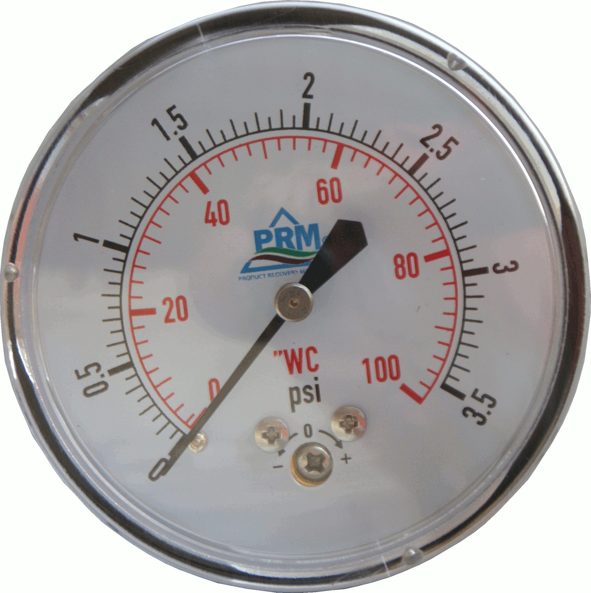 PRM, PRM Chrome Case Pressure Gauge with Brass Internals, 0-100"WC, 2-1/2 Inch Dial, 1/4 Inch NPT Back Mount