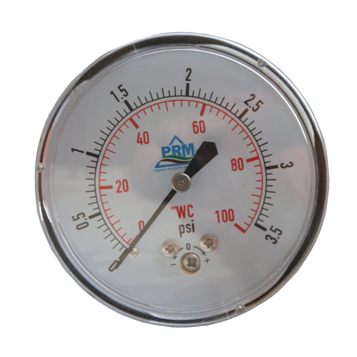 PRM, PRM Chrome Case Pressure Gauge with Brass Internals, 0-100"WC, 2-1/2 Inch Dial, 1/4 Inch NPT Back Mount