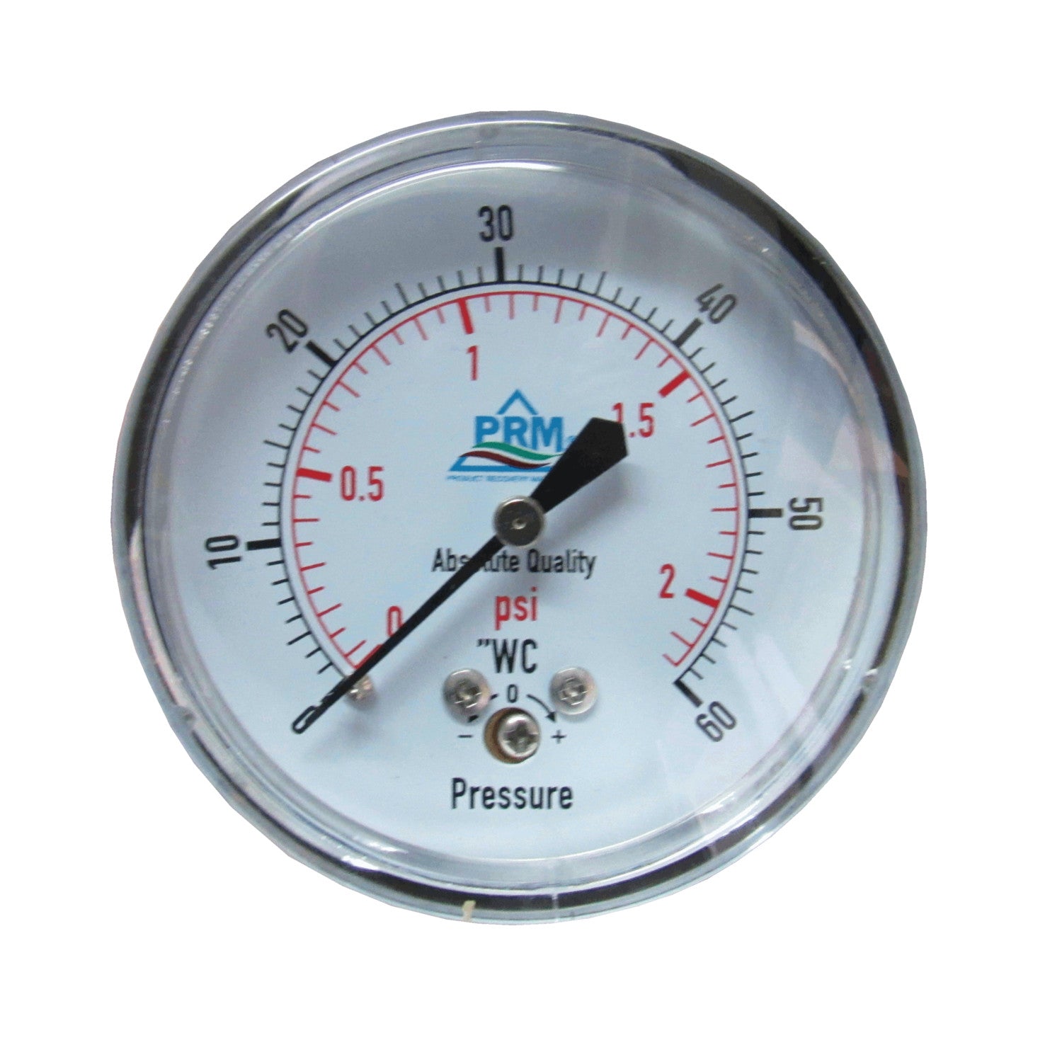 PRM, PRM Chrome Case Pressure Gauge with Brass Internals, 0-60"WC, 2-1/2 Inch Dial, 1/4 Inch NPT Back Mount