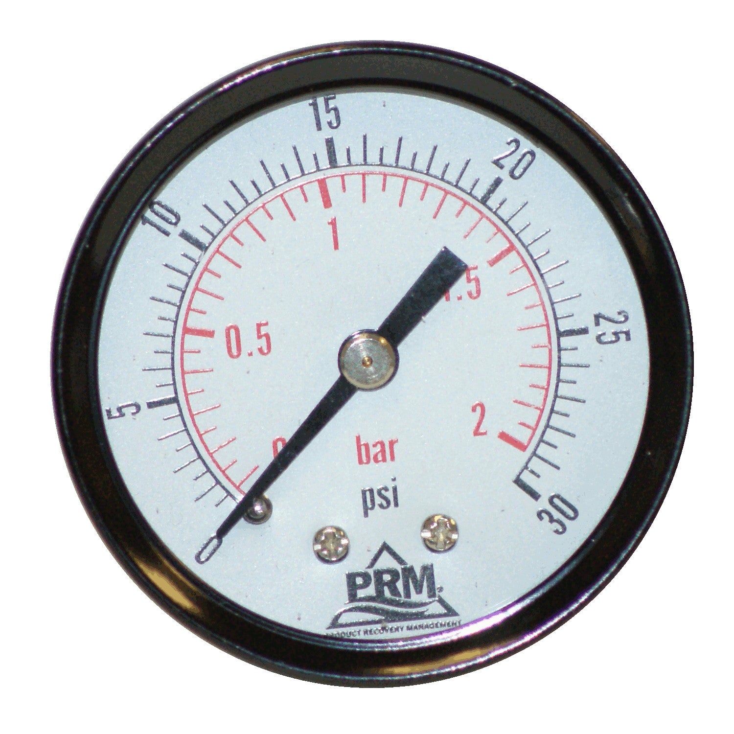 PRM, PRM Steel Case Pressure Gauge with Brass Internals, 0-30 PSI, 2 Inch Dial, 1/4 Inch NPT Back Mount