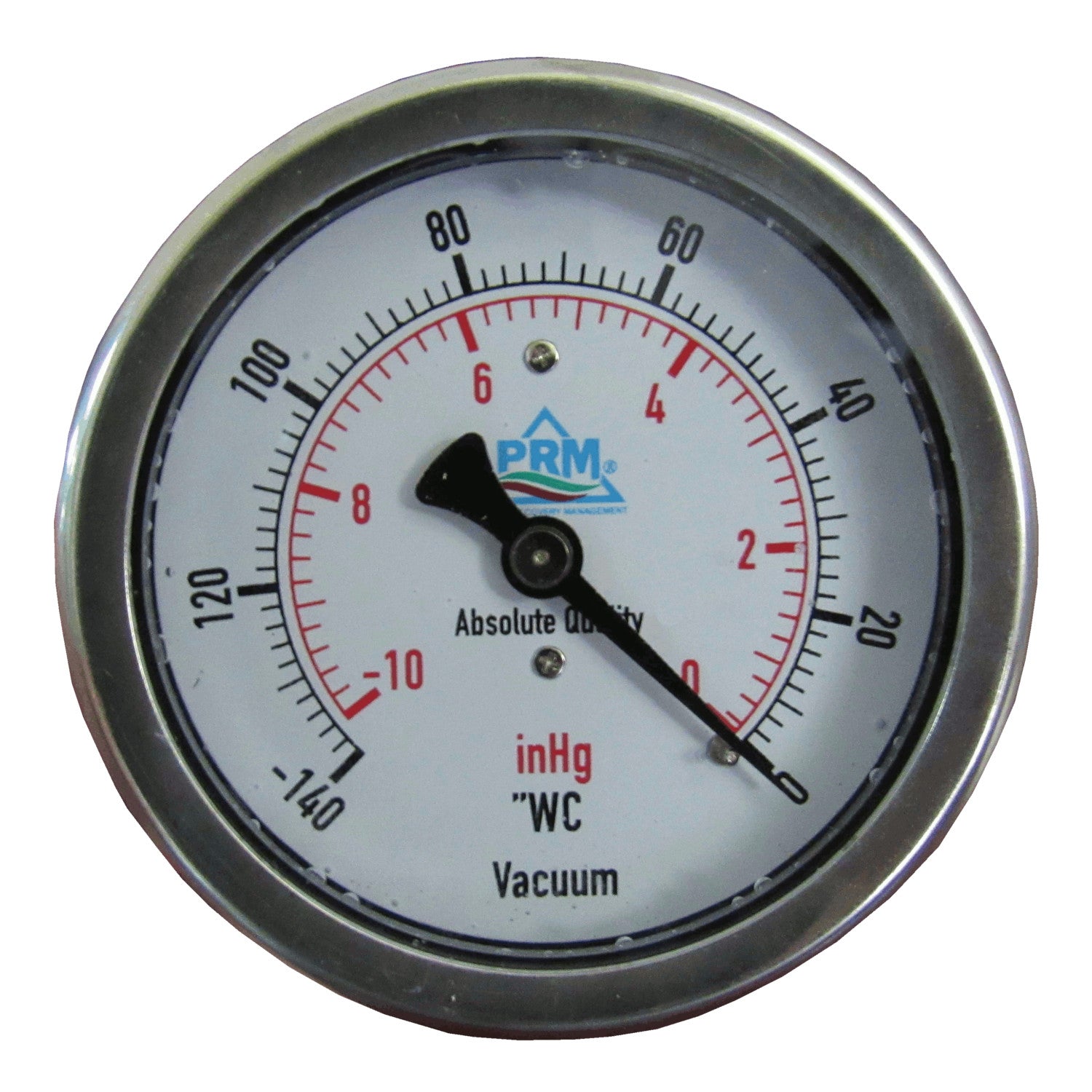 PRM, PRM Vacuum Gauge 0 to -10 inHg / 0 to -140"WC, 2.5 Inch Stainless Steel Case, Brass Internals 1/4 Inch NPT Back Mount, Liquid Filled