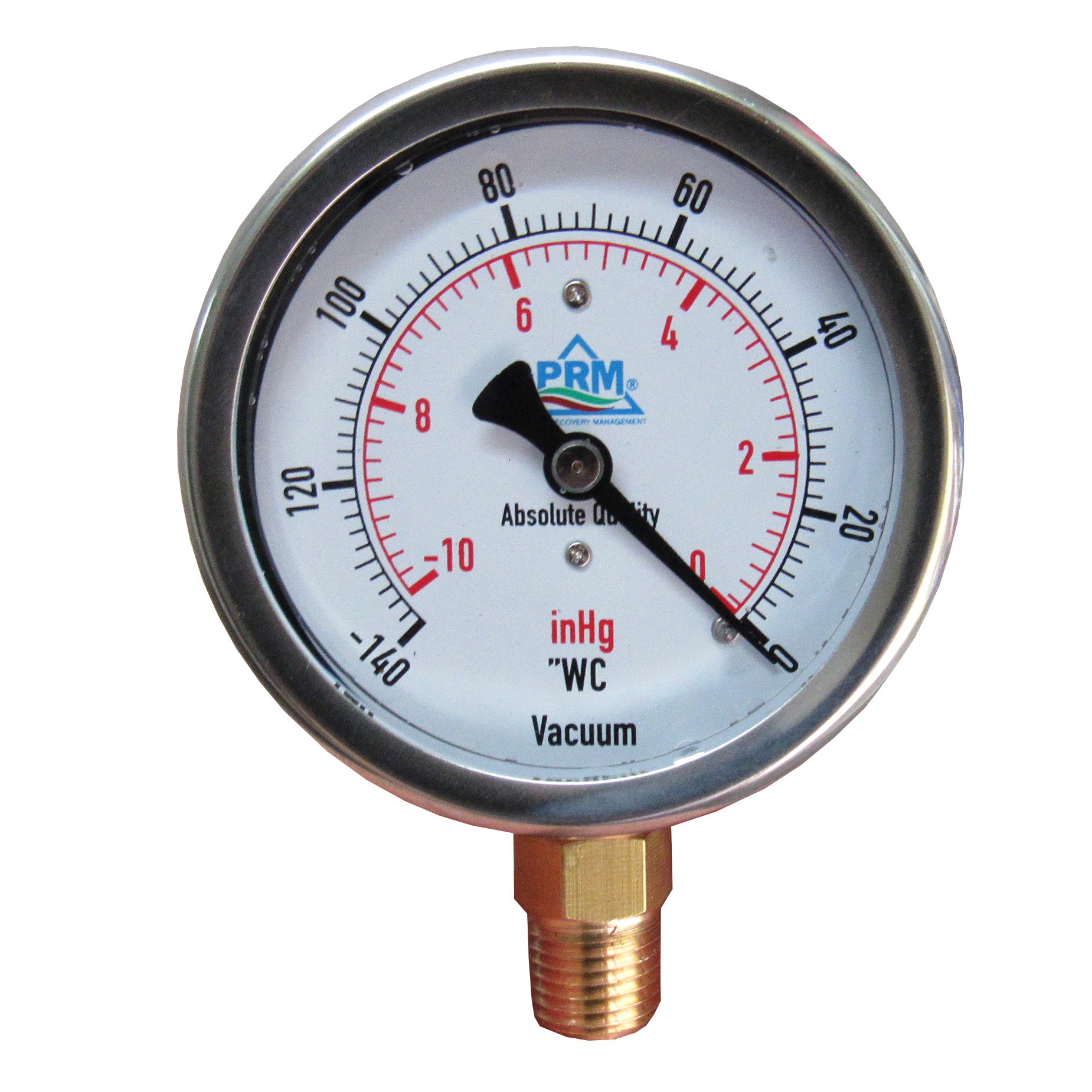 PRM, PRM Vacuum Gauge 0 to -10 inHg / 0 to -140"WC, 2.5 Inch Stainless Steel Case, Brass Internals 1/4 Inch NPT Bottom Mount, Liquid Filled