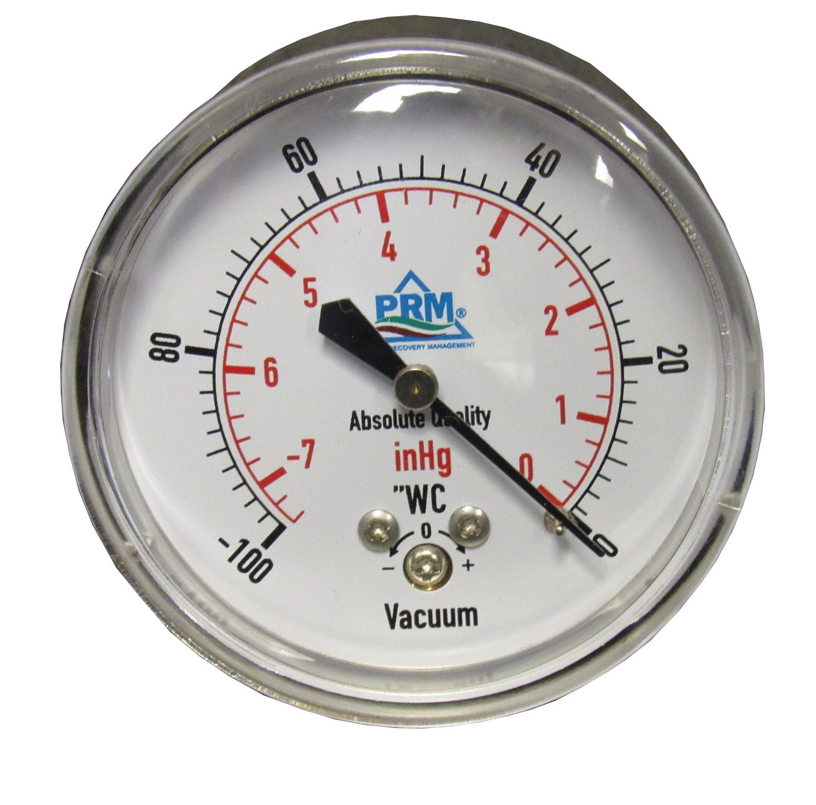 PRM, PRM Vacuum Gauge 0 to -100"WC / 0 to -7inHg, 2.5 Inch Chrome Case, Brass Internals 1/4 Inch NPT Back Mount, Dry Gauge