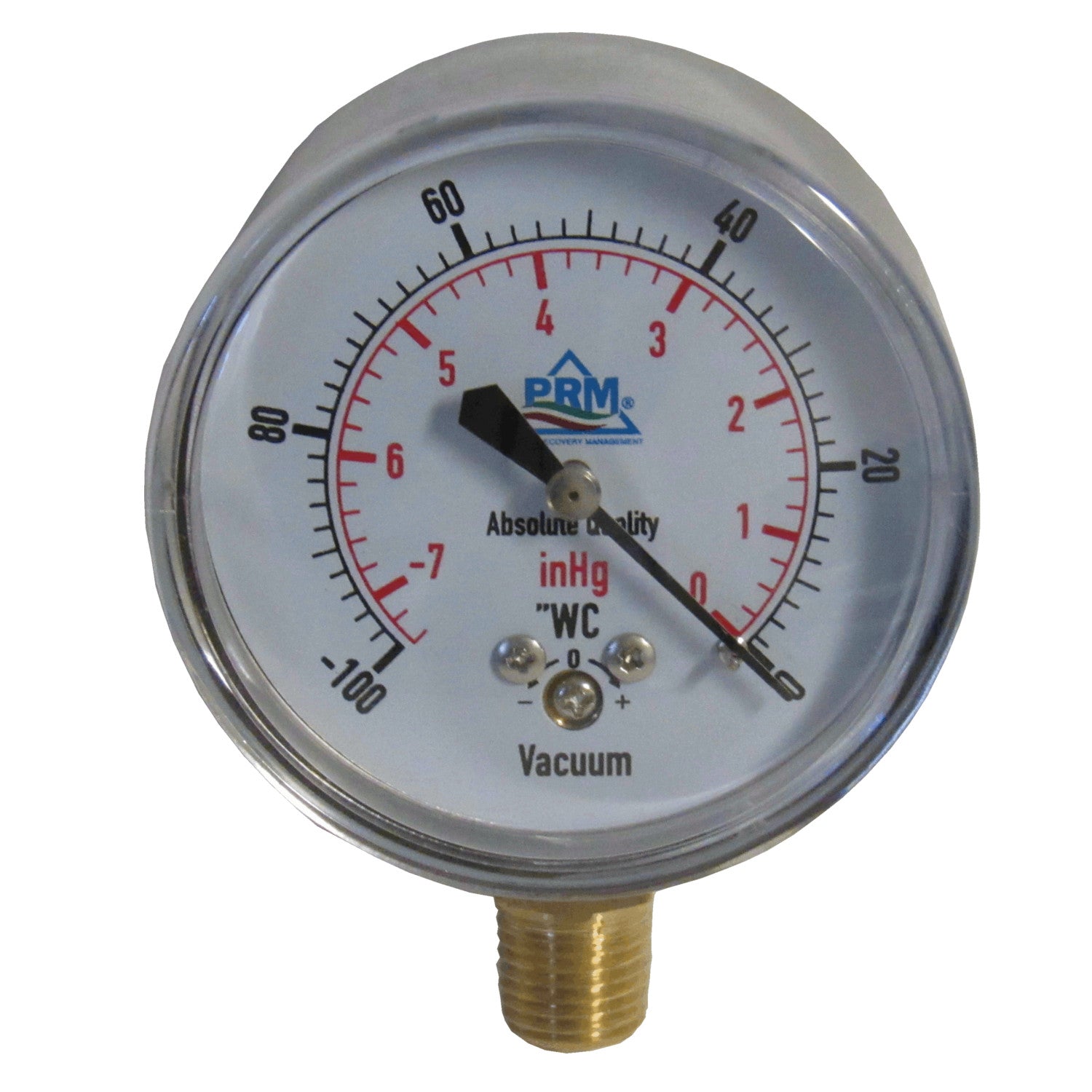 PRM, PRM Vacuum Gauge 0 to -100"WC / 0 to -7inHg, 2.5 Inch Chrome Case, Brass Internals 1/4 Inch NPT Bottom Mount, Dry Gauge