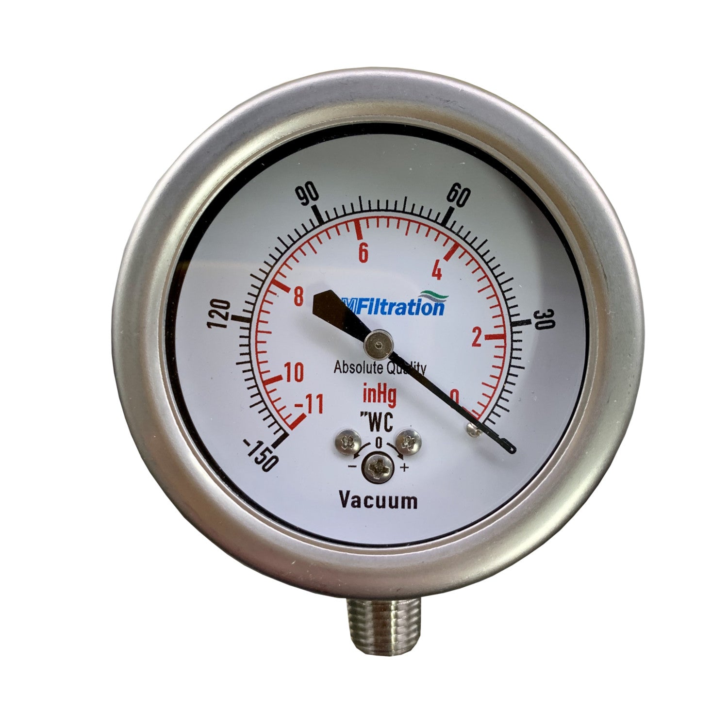 PRM, PRM Vacuum Gauge, 0 to -11 inHg / 0 to -150"WC, 2.5 Inch Stainless Steel Case and Internals 1/4 Inch NPT Bottom Mount, Dry Gauge