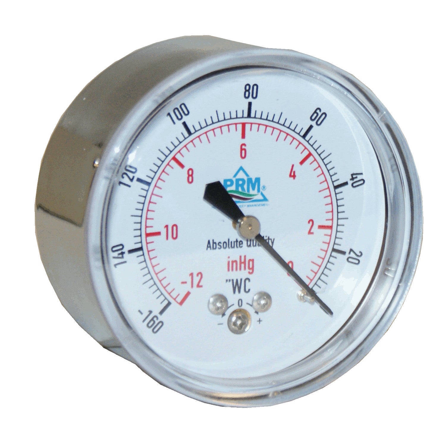 PRM, PRM Vacuum Gauge 0 to -160"WC / 0 to -12inHg, 2.5 Inch Chrome Case, Brass Internals 1/4 Inch NPT Back Mount, Dry Gauge