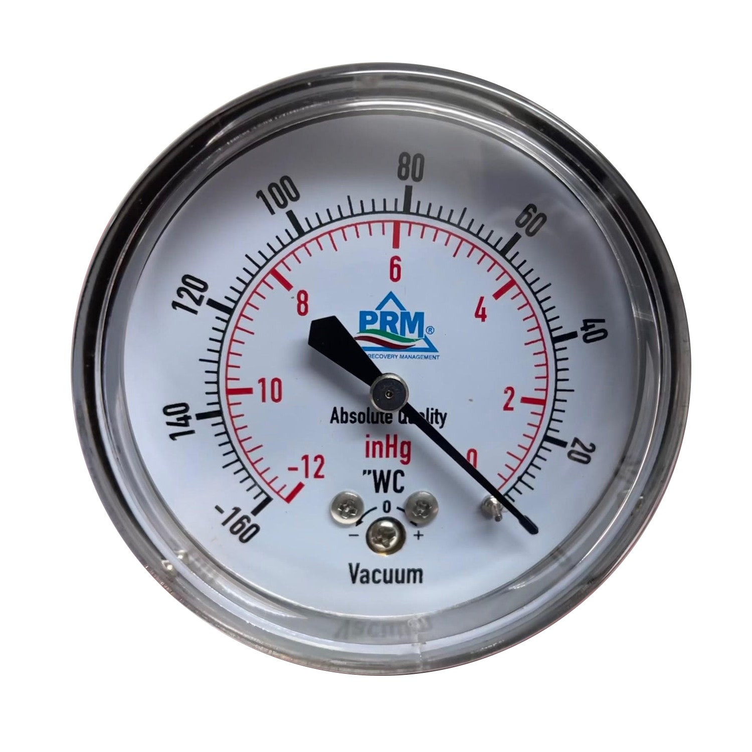 PRM, PRM Vacuum Gauge 0 to -160"WC / 0 to -12inHg, 2.5 Inch Chrome Case, Brass Internals 1/4 Inch NPT Back Mount, Dry Gauge