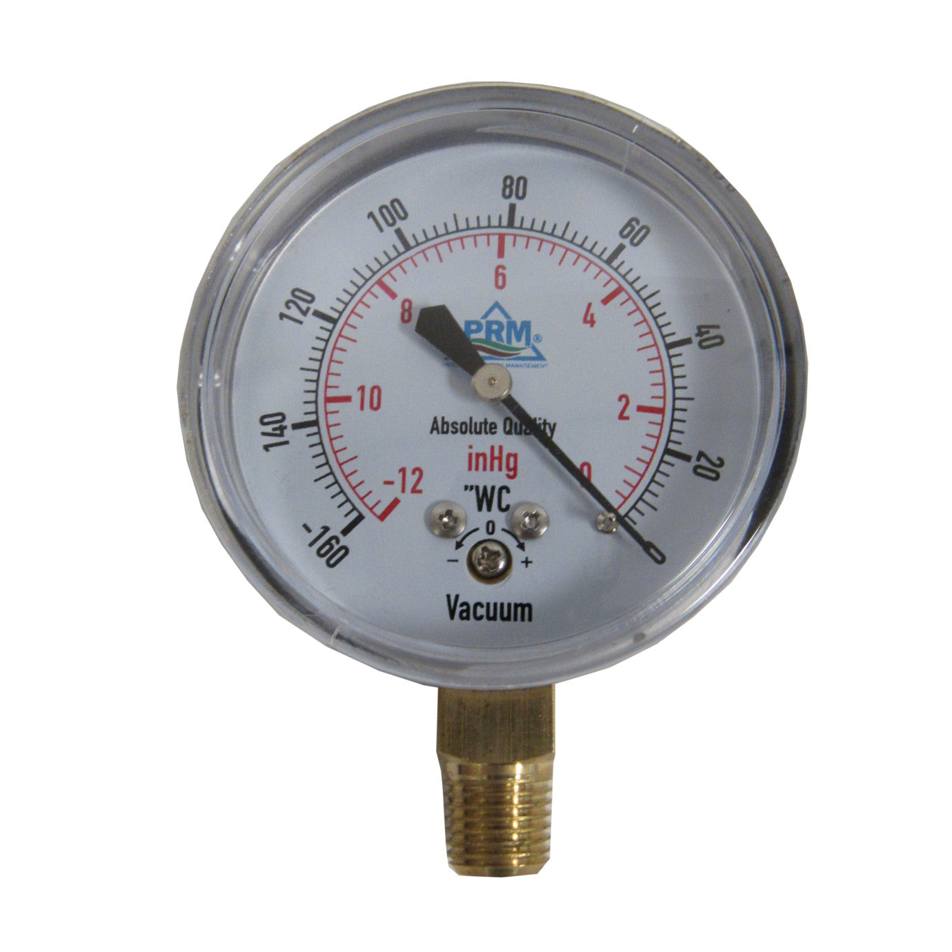 PRM, PRM Vacuum Gauge 0 to -160"WC / 0 to -12inHg, 2.5 Inch Chrome Case, Brass Internals 1/4 Inch NPT Bottom Mount, Dry Gauge