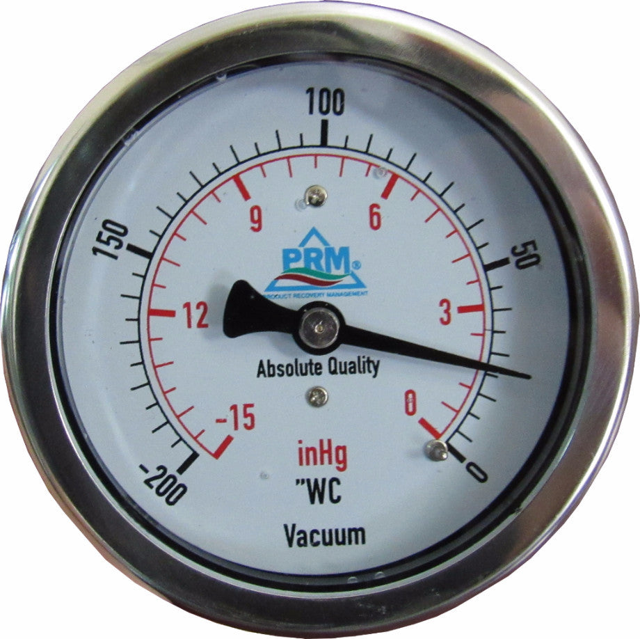 PRM, PRM Vacuum Gauge 0 to -200"WC / 0 to -15 inHg, 2.5 Inch Stainless Steel Case, Brass Internals 1/4 Inch NPT Back Mount, Liquid Filled