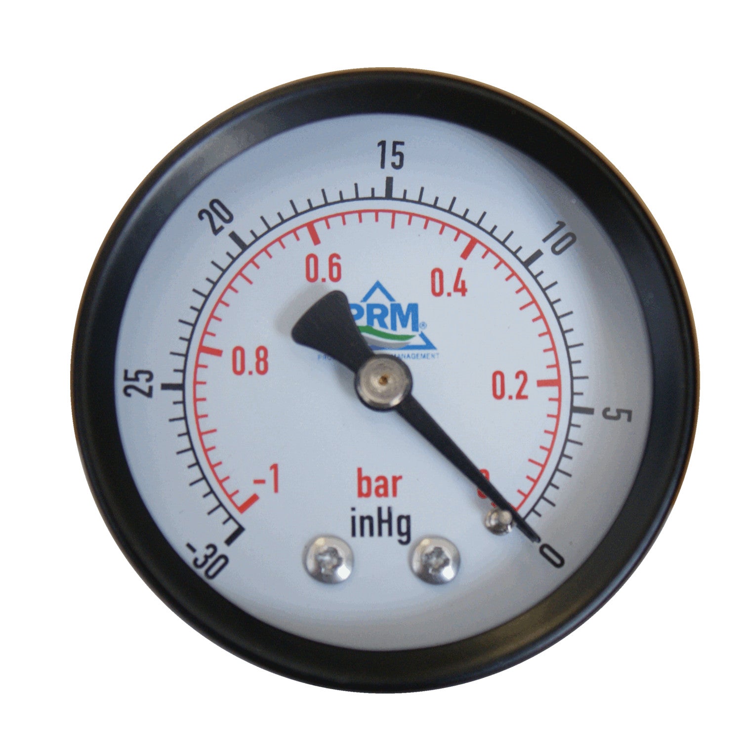 PRM, PRM Vacuum Gauge 0 to -30 inHg / 0 to -1 Bar, 2 Inch Black Steel Case, Brass Internals 1/4 Inch NPT Back Mount, Dry Gauge