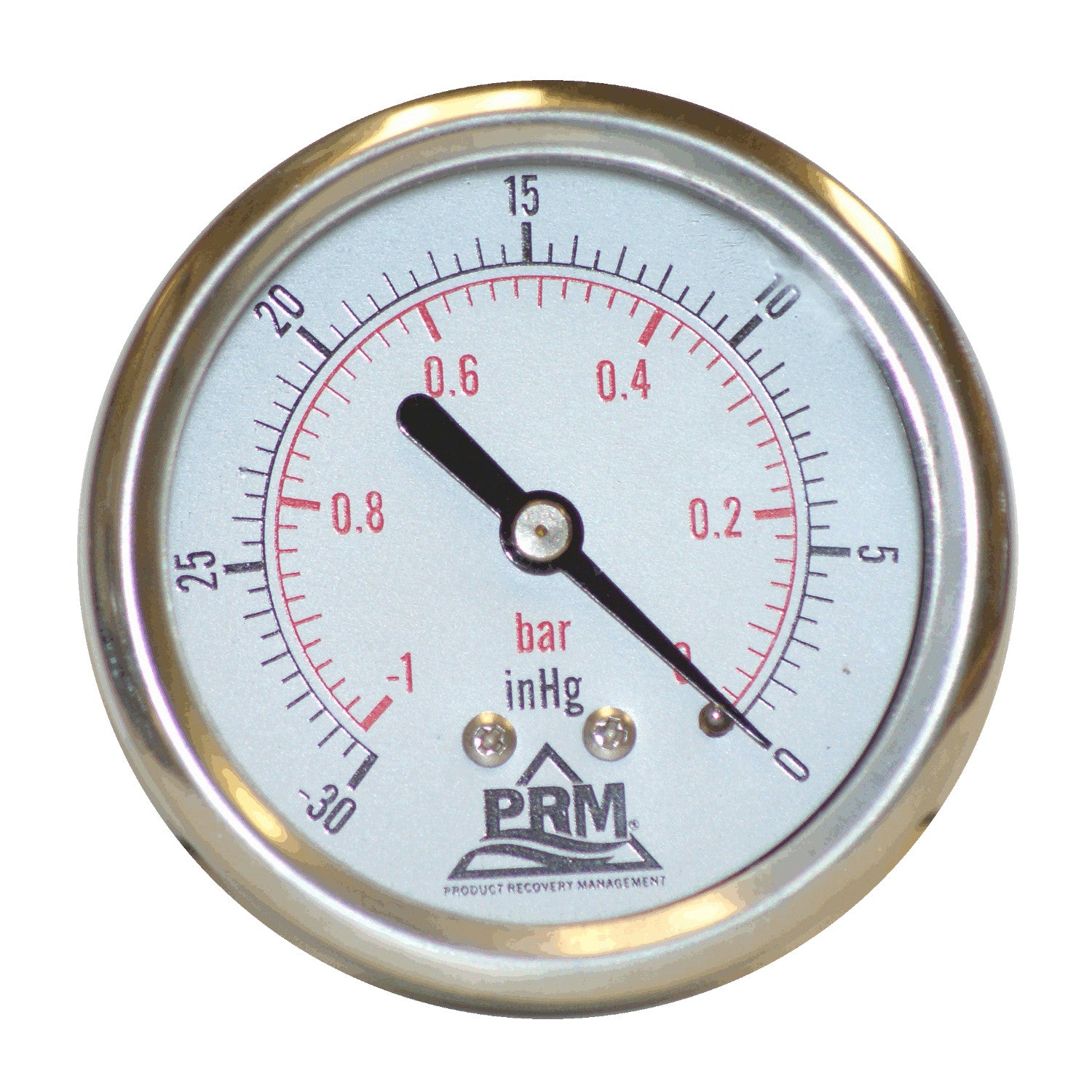 PRM, PRM Vacuum Gauge 0 to -30 inHg / 0 to -1 Bar, 2.5 Inch Stainless Steel Case, Brass Internals 1/4 Inch NPT Back Mount, Liquid Filled