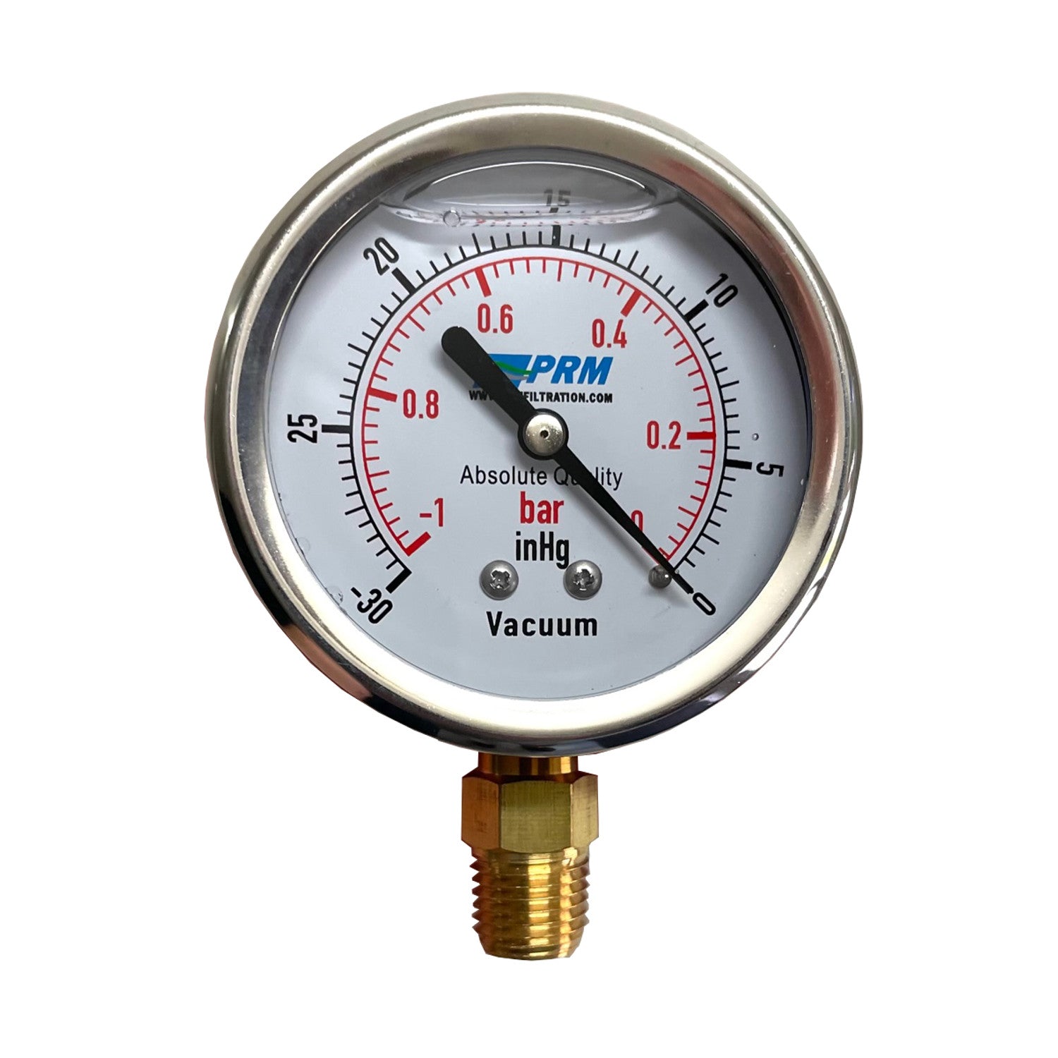 PRM, PRM Vacuum Gauge 0 to -30 inHg / 0 to -1 Bar, 2.5 Inch Stainless Steel Case, Brass Internals 1/4 Inch NPT Bottom Mount, Liquid Filled