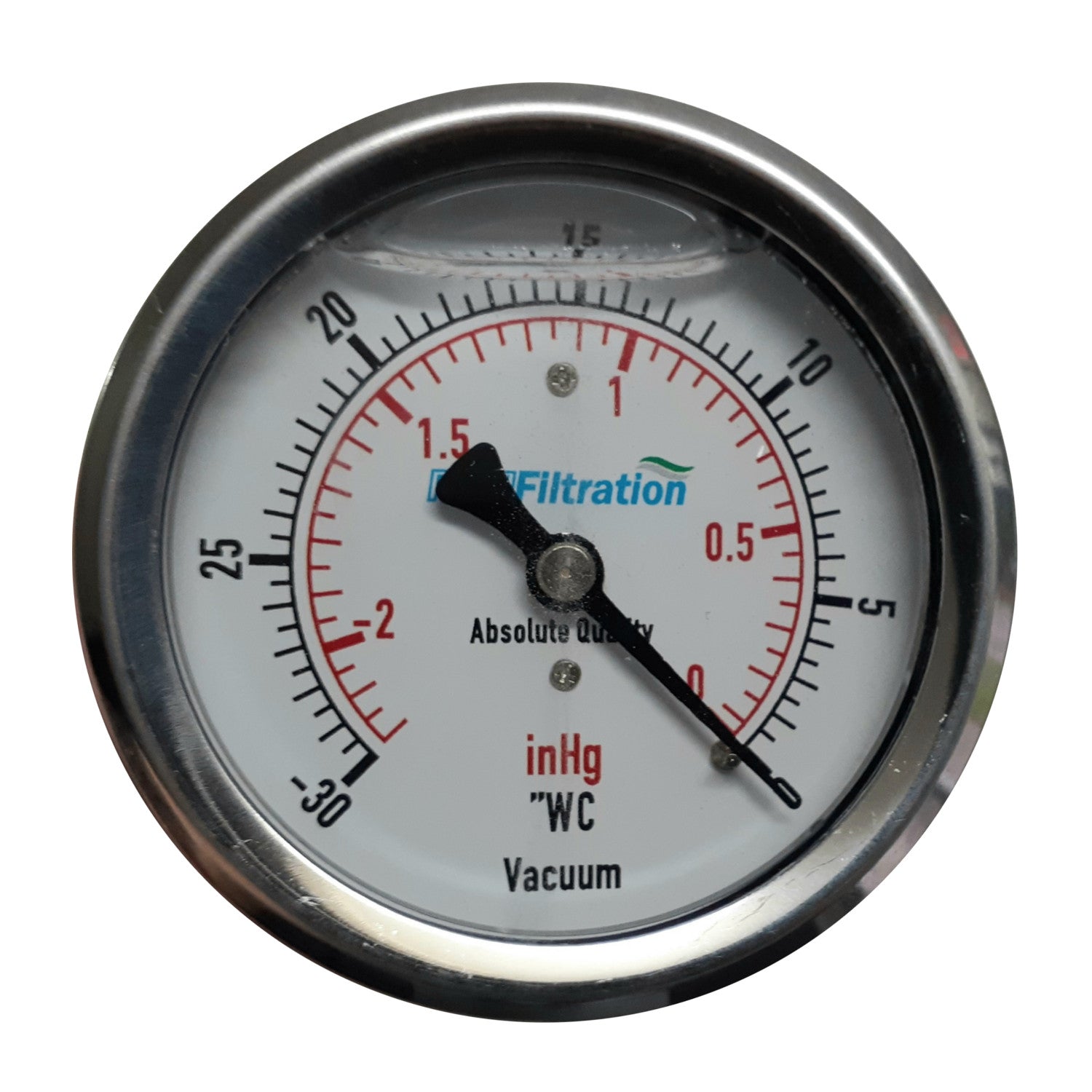 PRM, PRM Vacuum Gauge, 0 to -30"WC / 0 to -2 inHg, 2.5 Inch Stainless Steel Case, Brass Internals 1/4 Inch NPT Back Mount, Liquid Filled