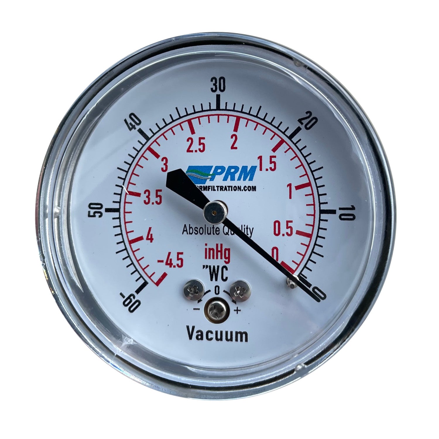 PRM, PRM Vacuum Gauge 0 to -60”WC / 0 to -4 inHg, 2.5 Inch Chrome Case, Brass Internals 1/4 Inch NPT Back Mount, Dry Gauge